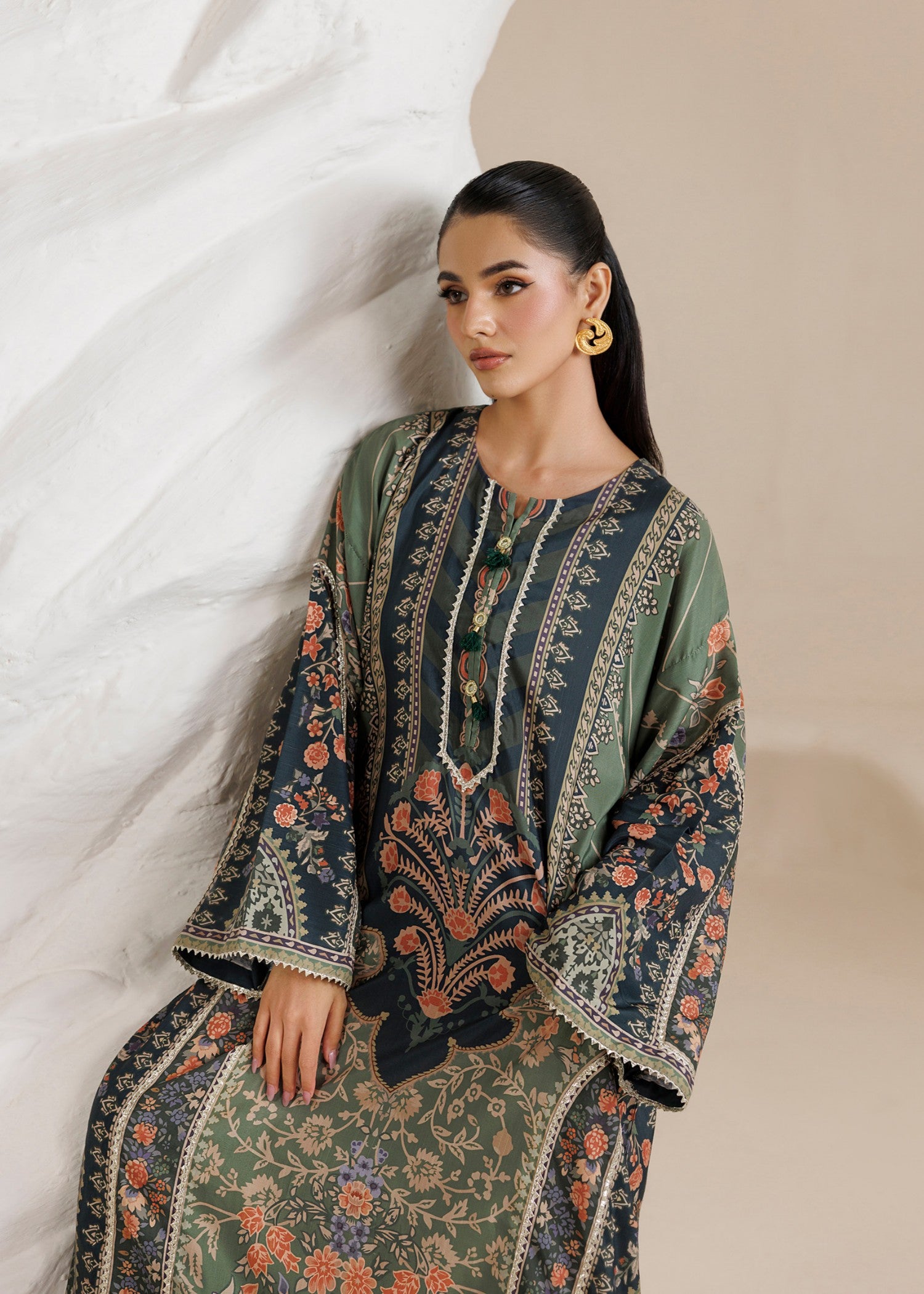 raw silk Kaftan in Avocado green