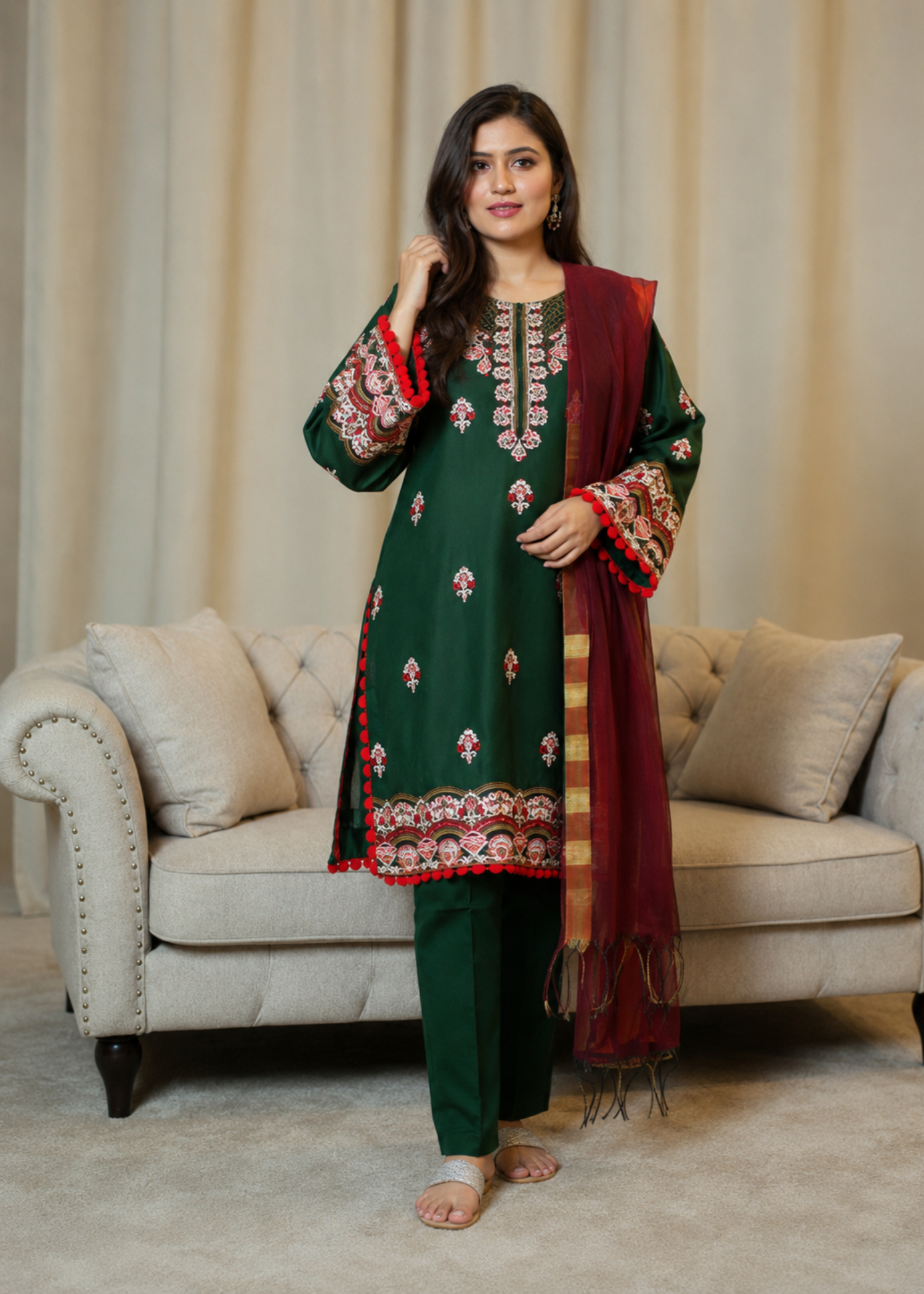 lawn cotton Unstitched in Hunter green