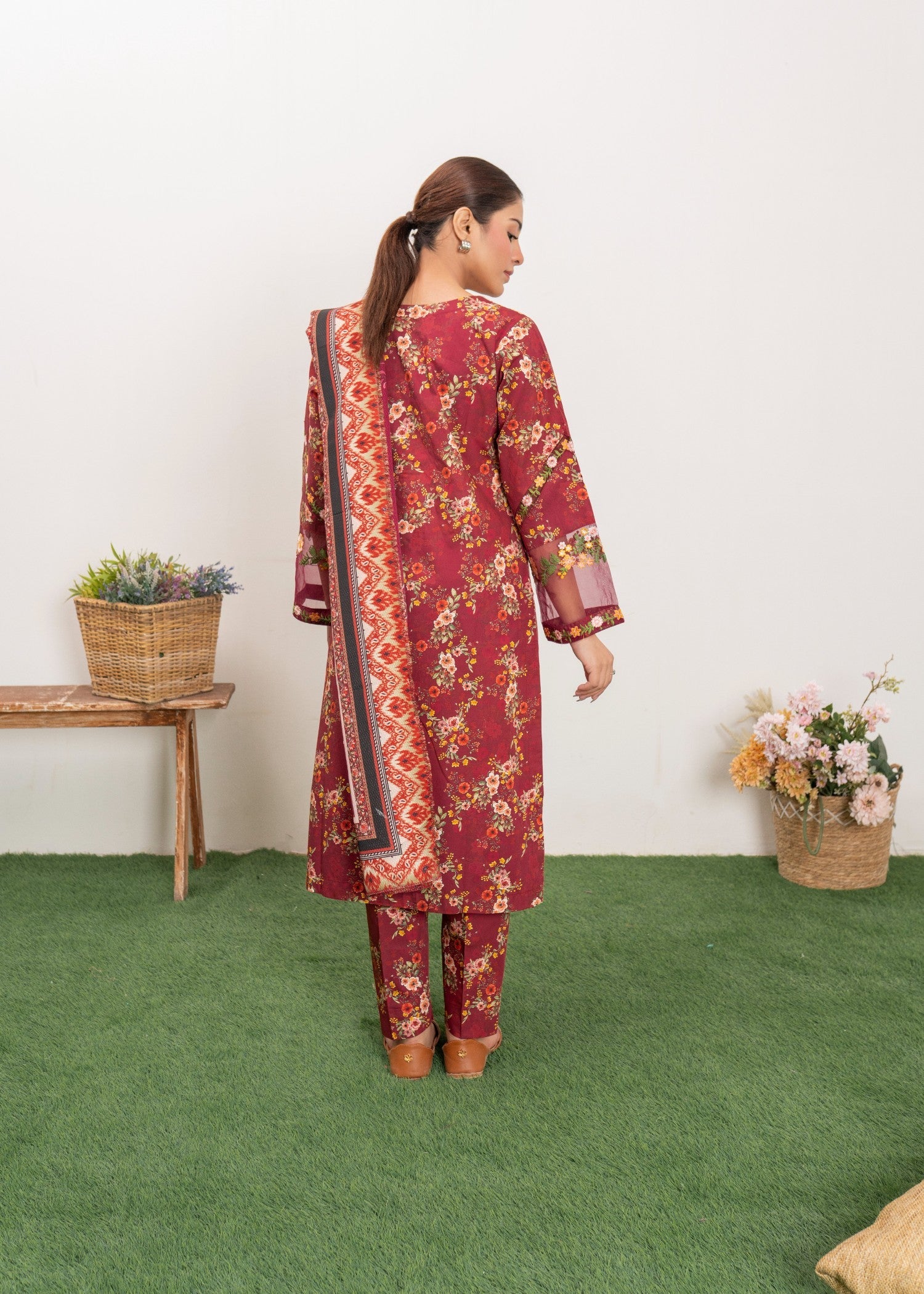 cambric Kurta Set in Maroon