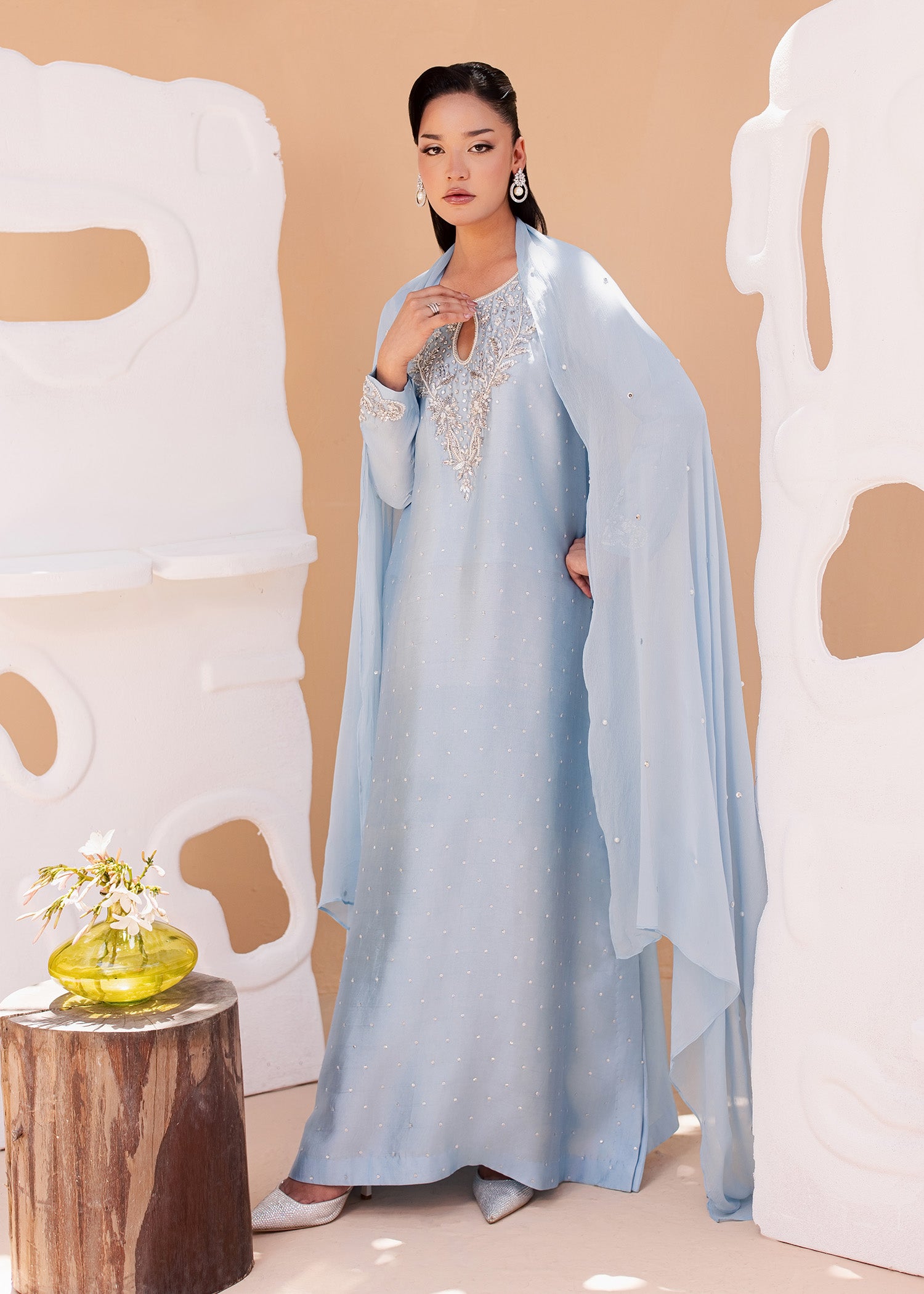 tussar silk Kaftan in Cloud blue