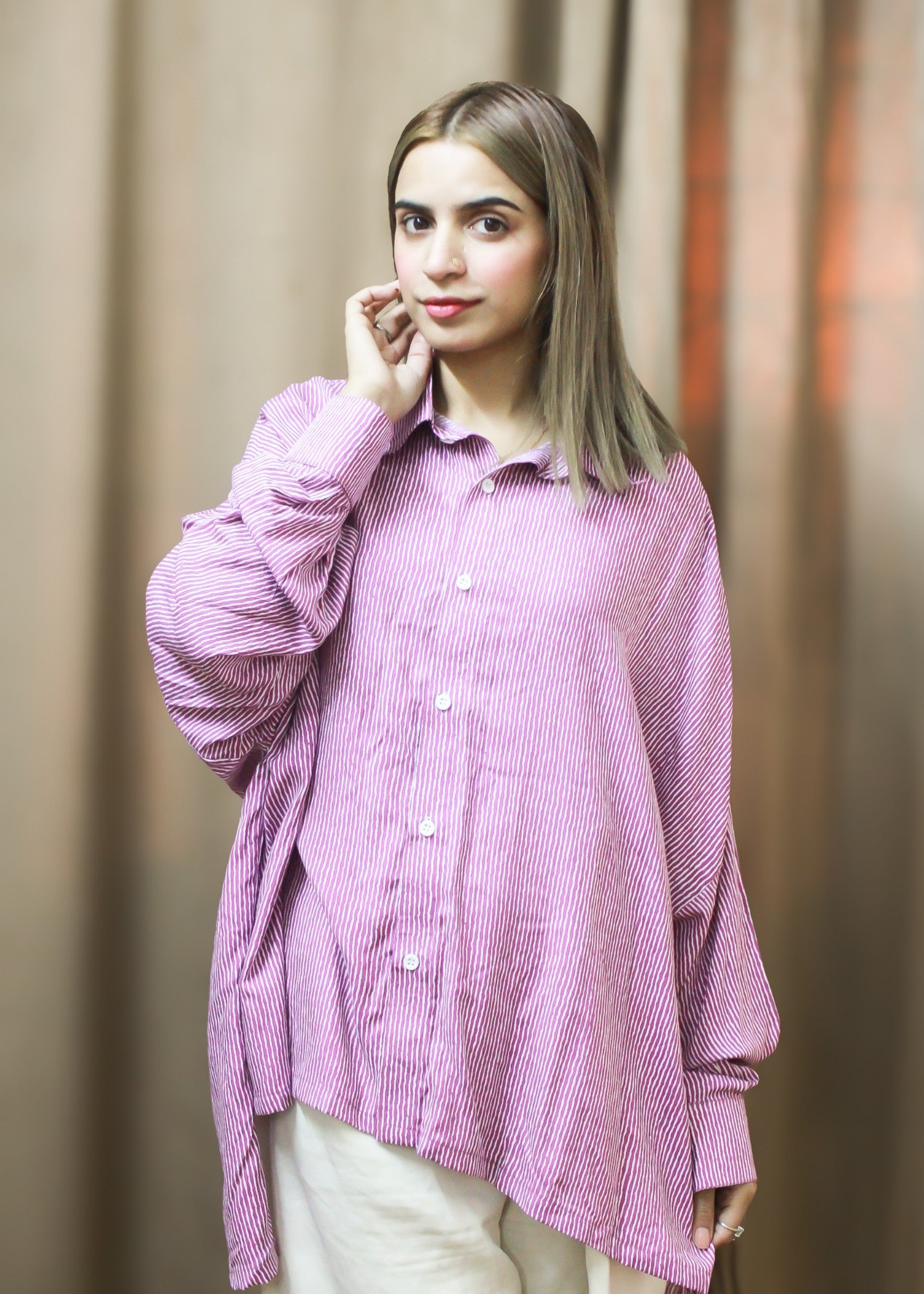 linen Top in Ice blue, pink