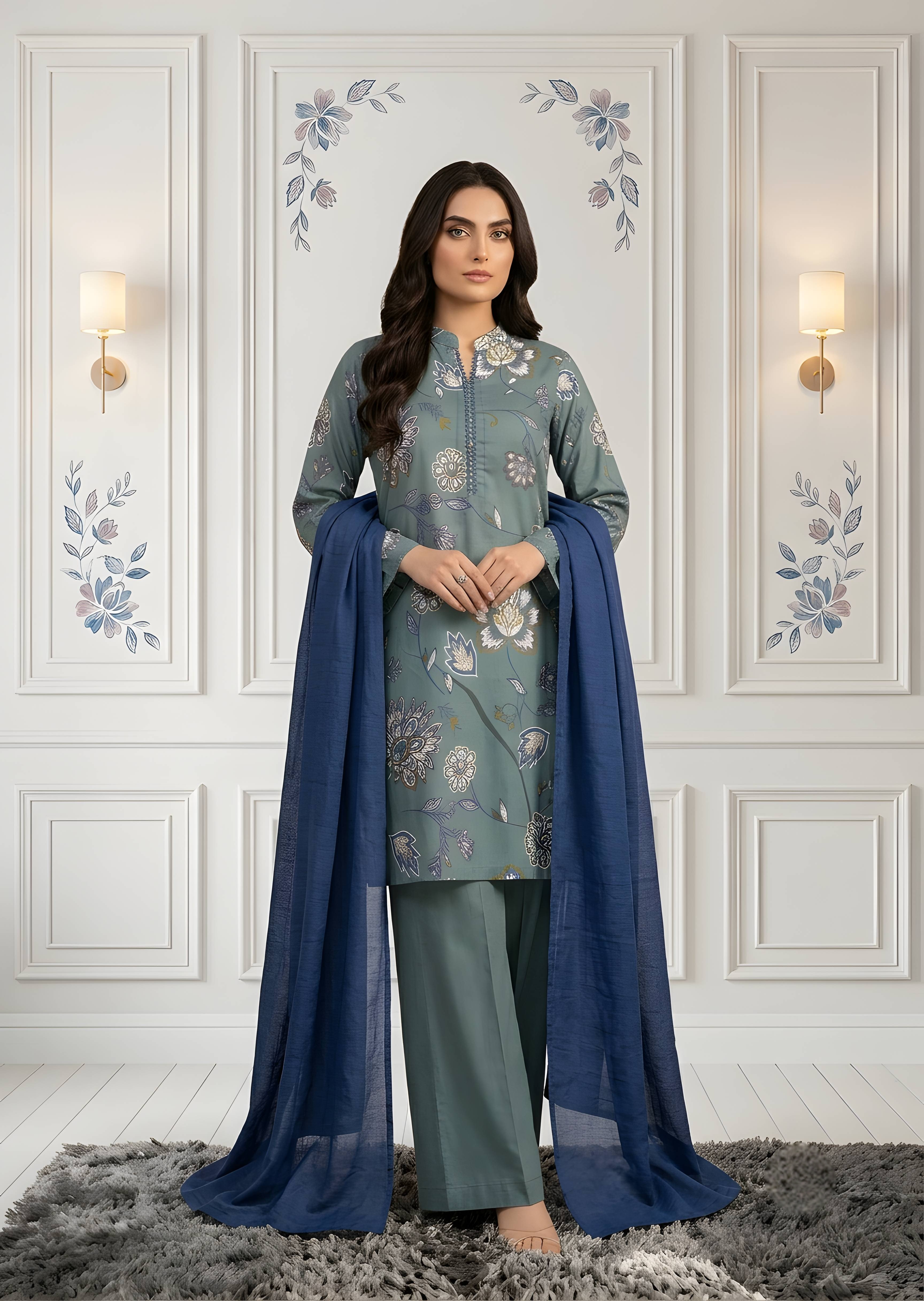 lawn Kurta Set in Slate grey, cobalt blue