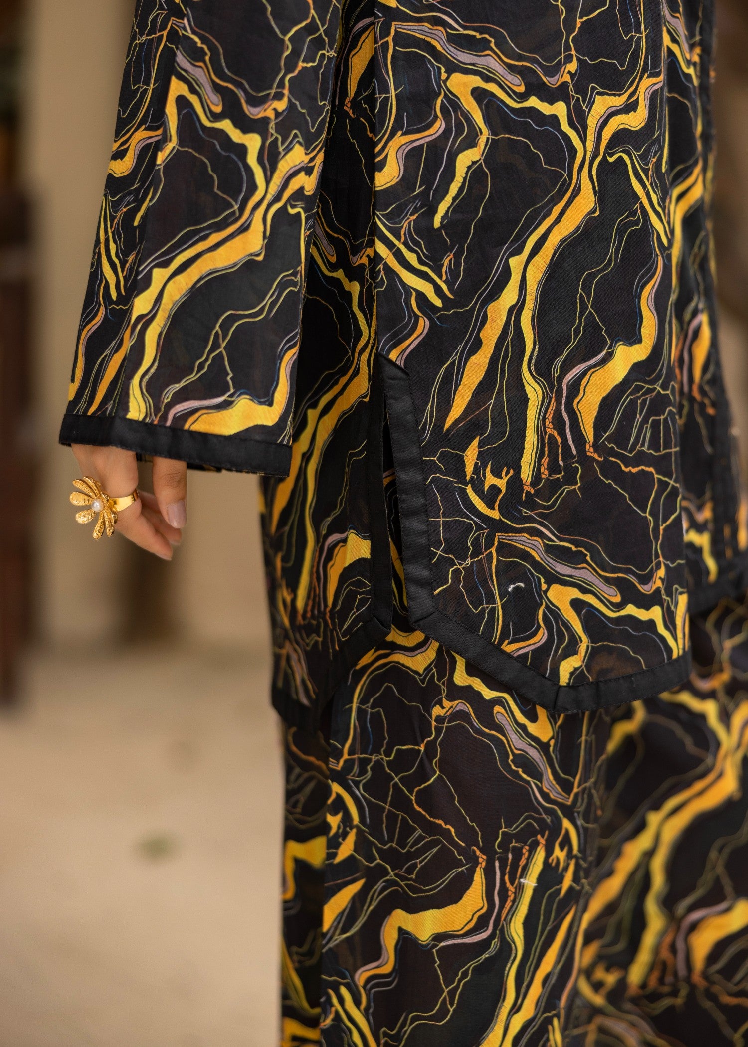 lawn Co Ord Sets in Charcoal black, mari gold