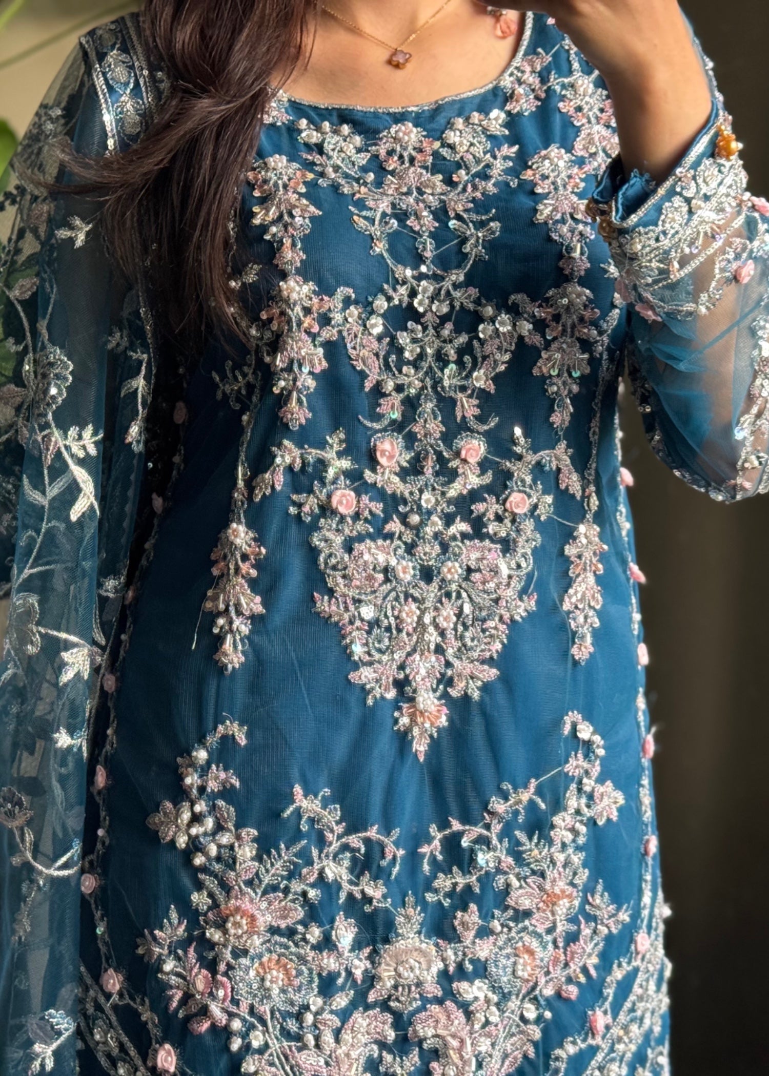 net Kurta Set in Teal