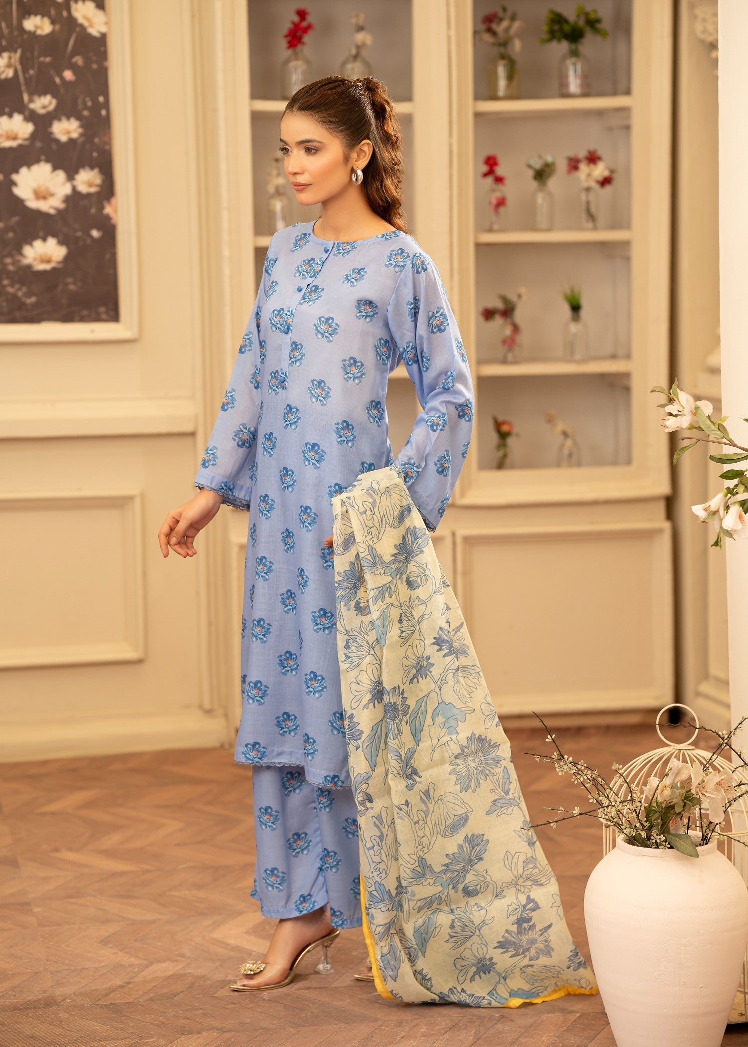 poly lawn Kurta Set in Powder blue