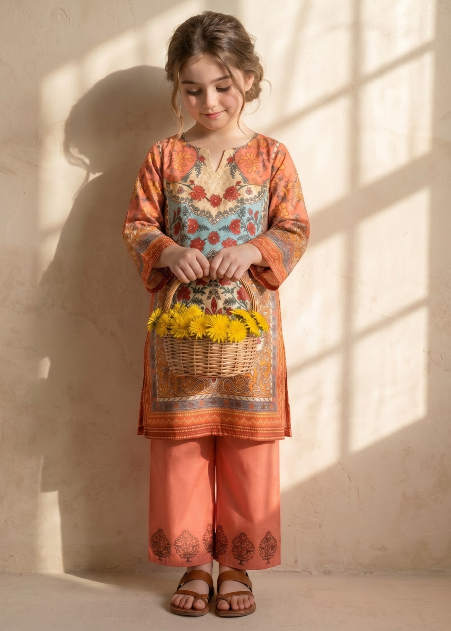 crepe polyester Kurta Set in Orange
