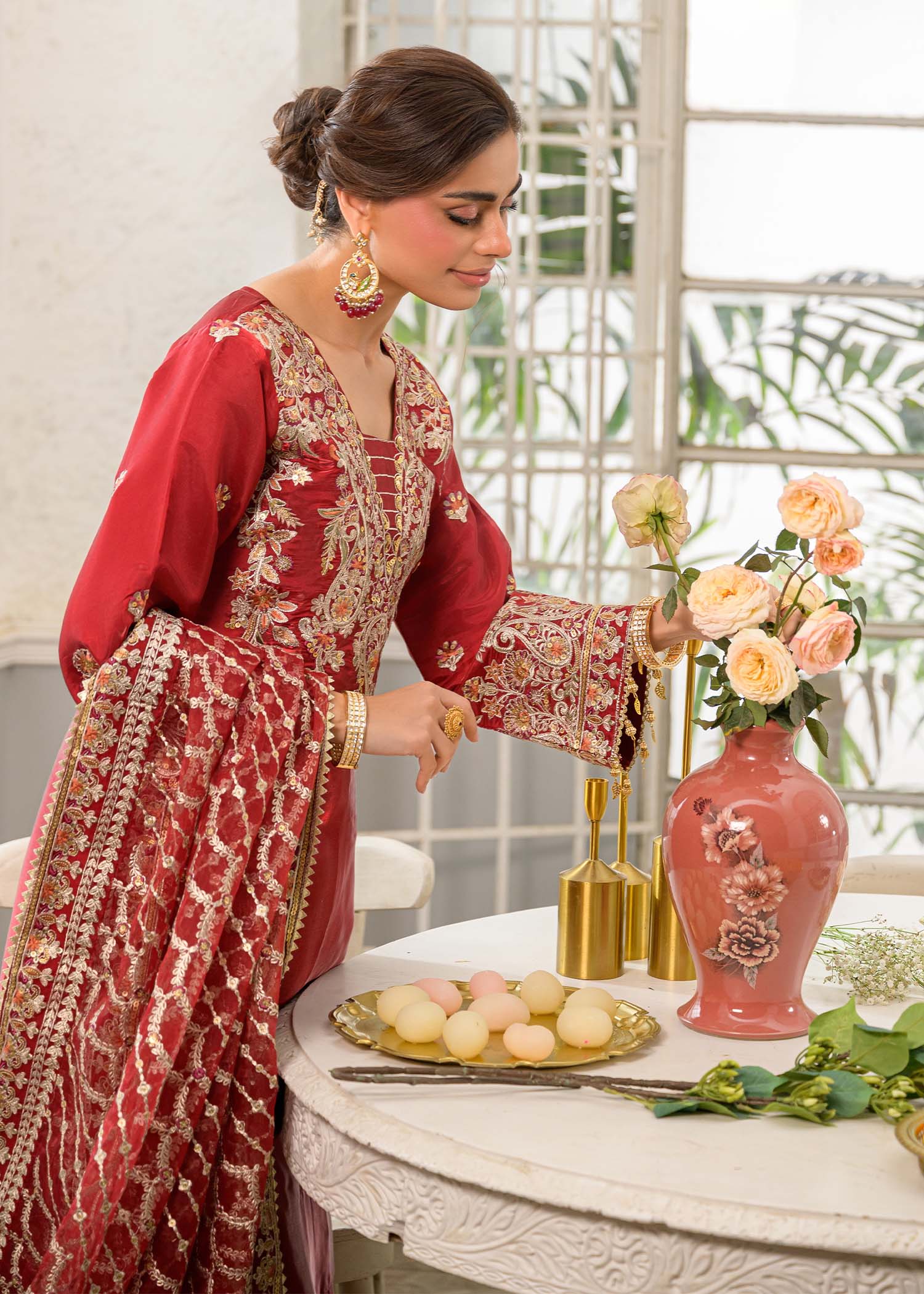 silk charmeuse Kurta Set in Crimson