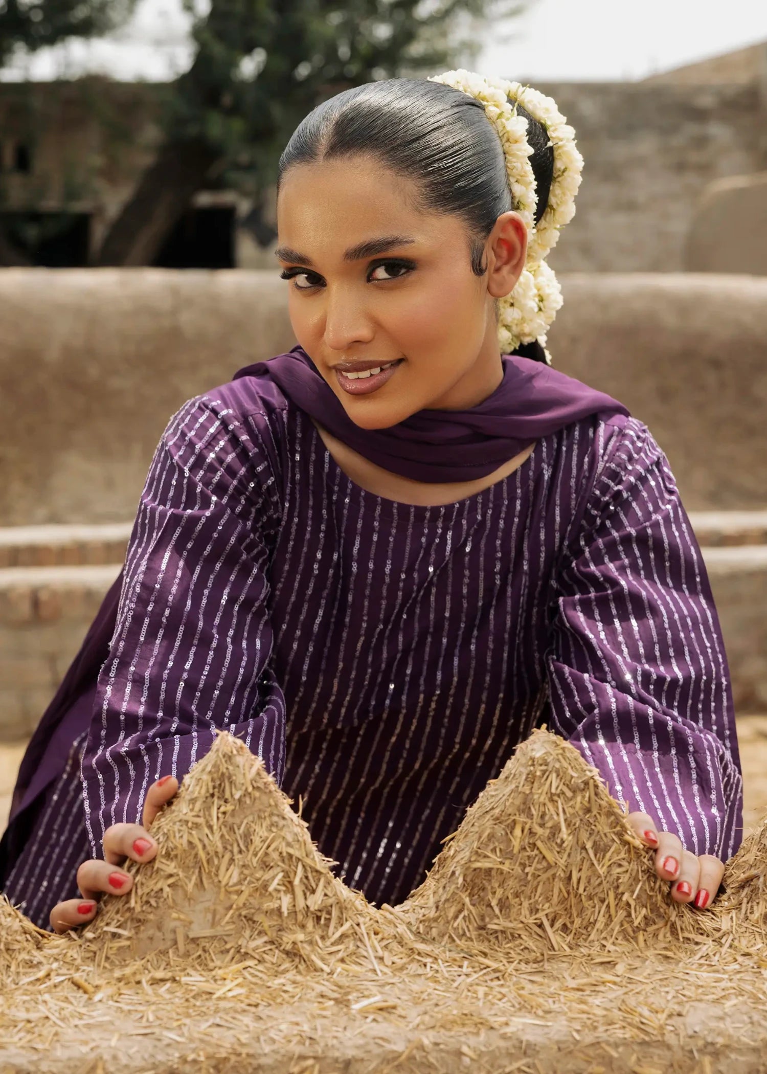 lawn cotton Kurta Set in Purple heart