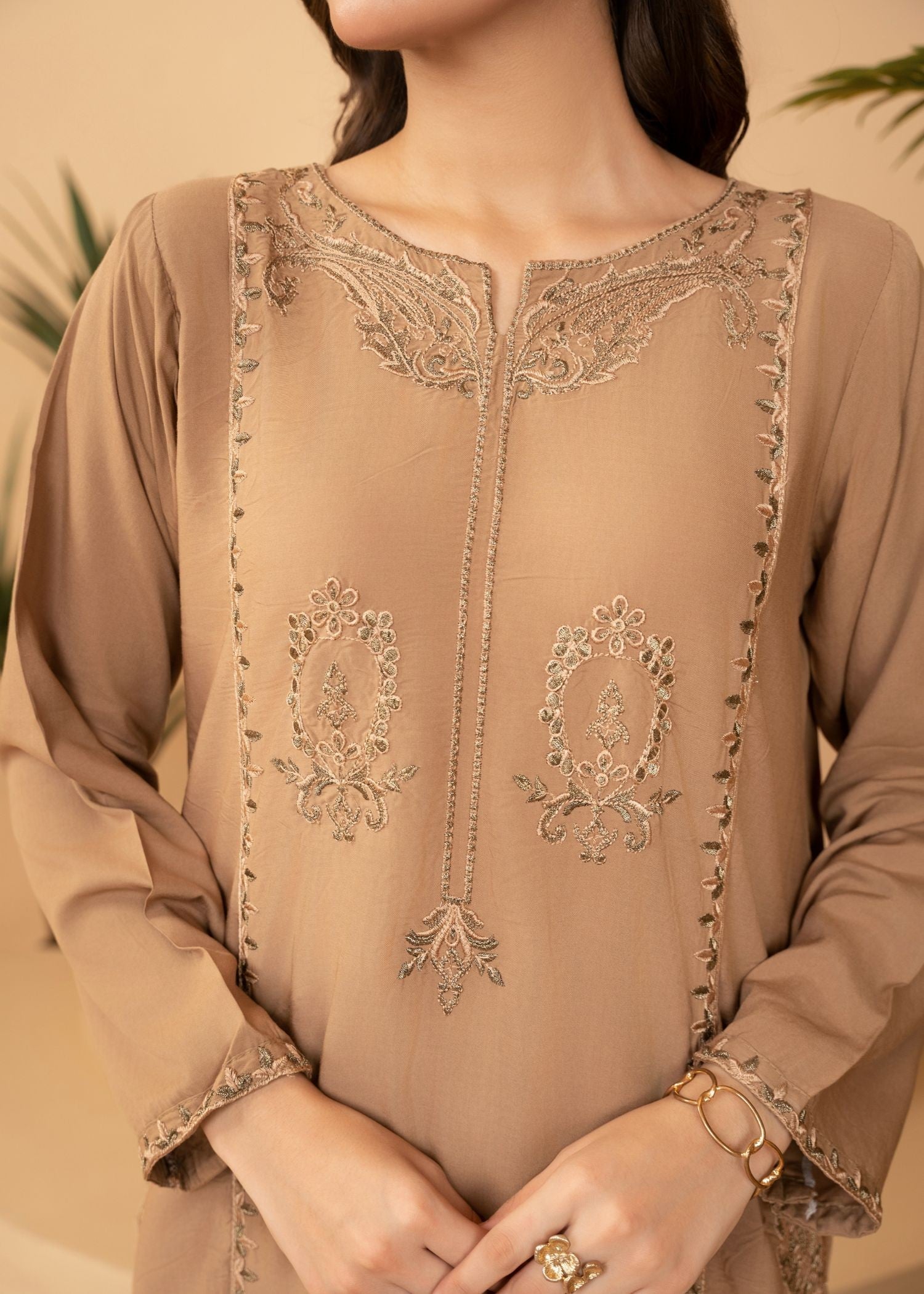 linen Kurta Set in Tan brown