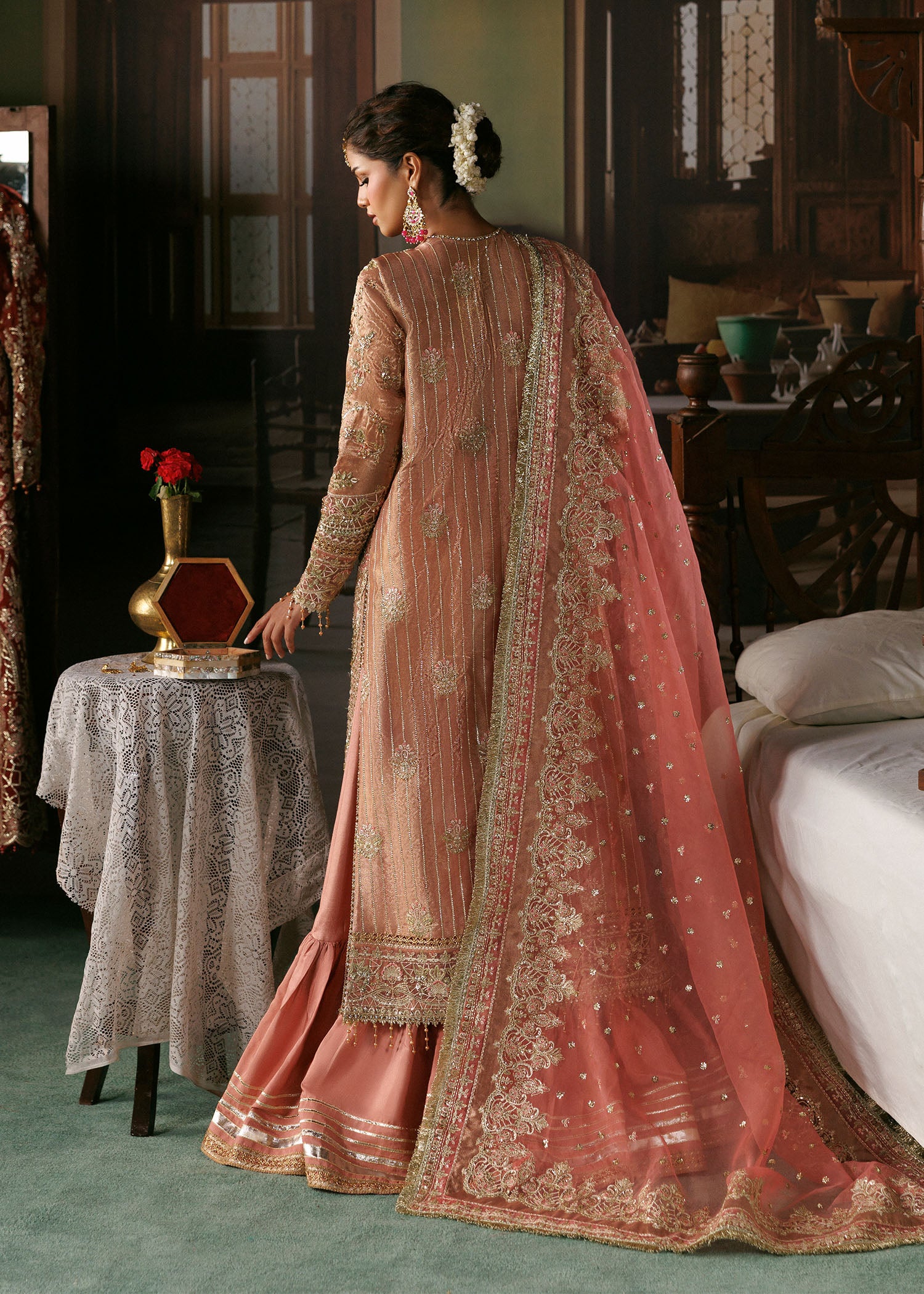 zari tissue Unstitched in Peach pink