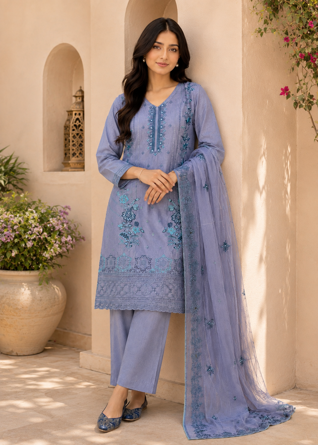 cotton Kurta Set in Duck egg grey