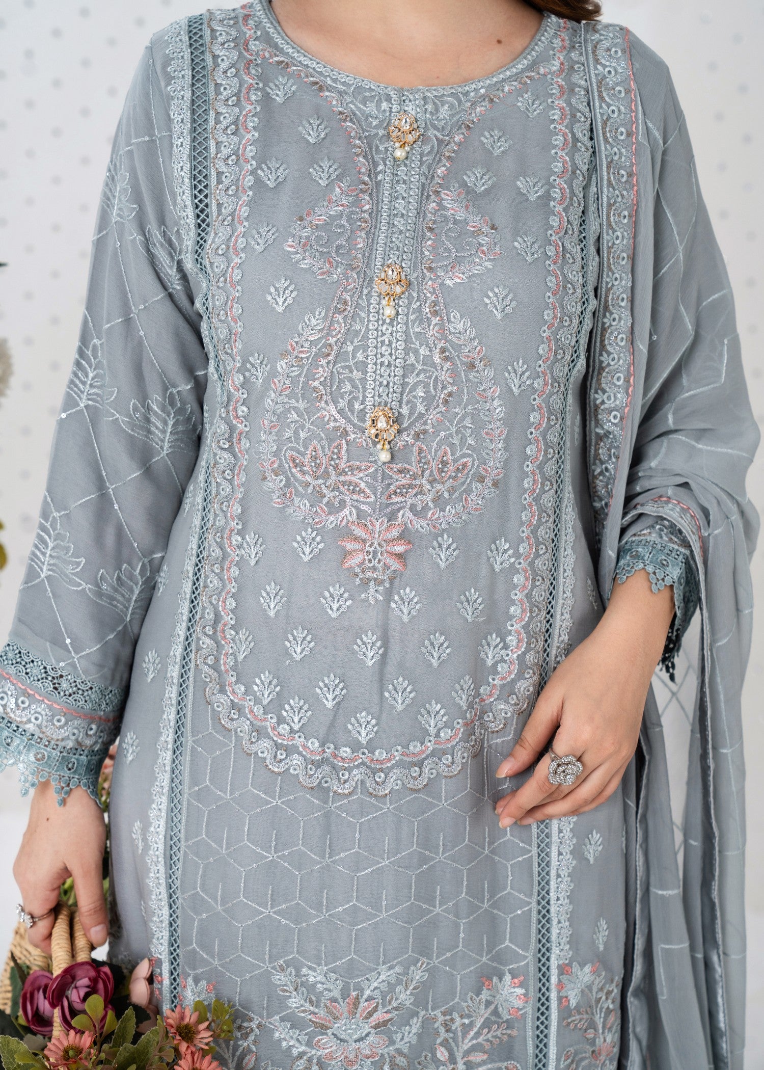 pk crinkle chiffon Kurta Set in Pastel grey