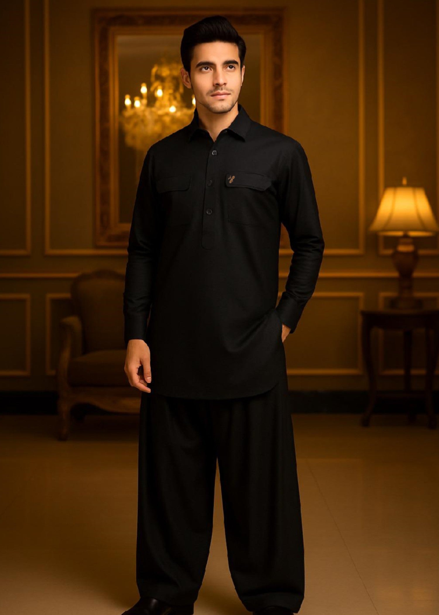 cotton linen Kurta Set in Black by J Pardesi