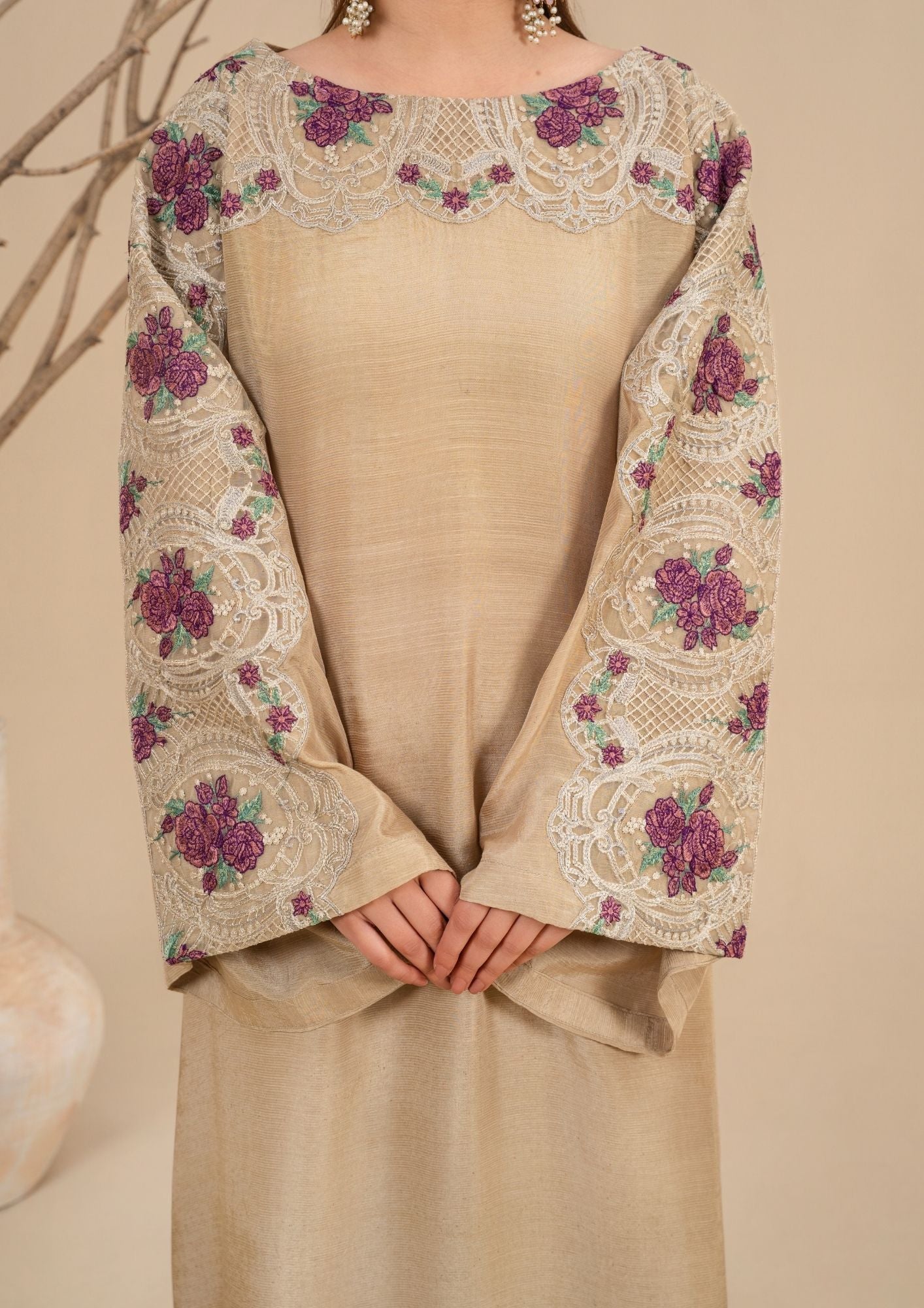 viscose raw silk Kurta Set in Beige