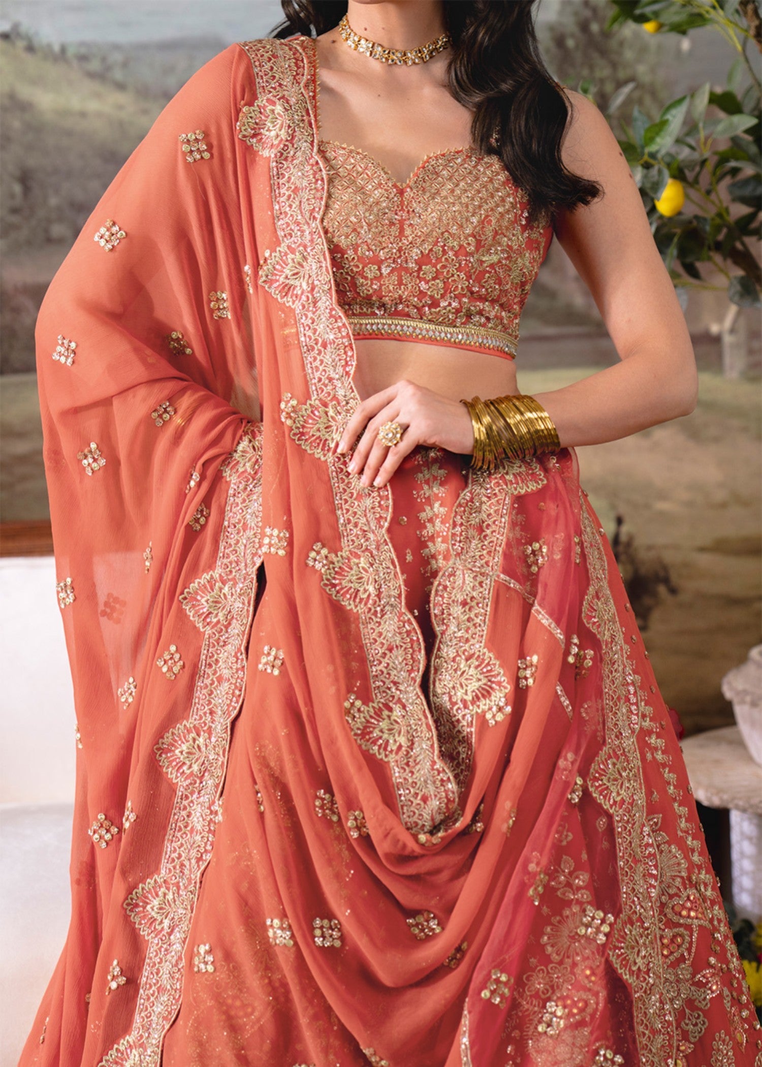 chiffon Lehenga in Coral orange