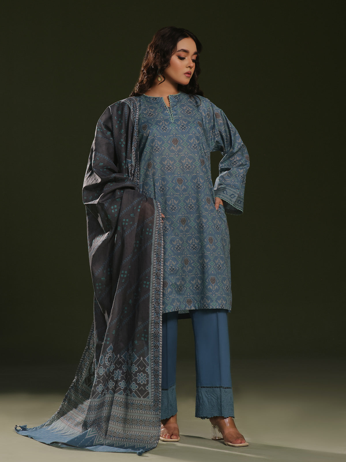 cambric Kurta Set in Steel blue