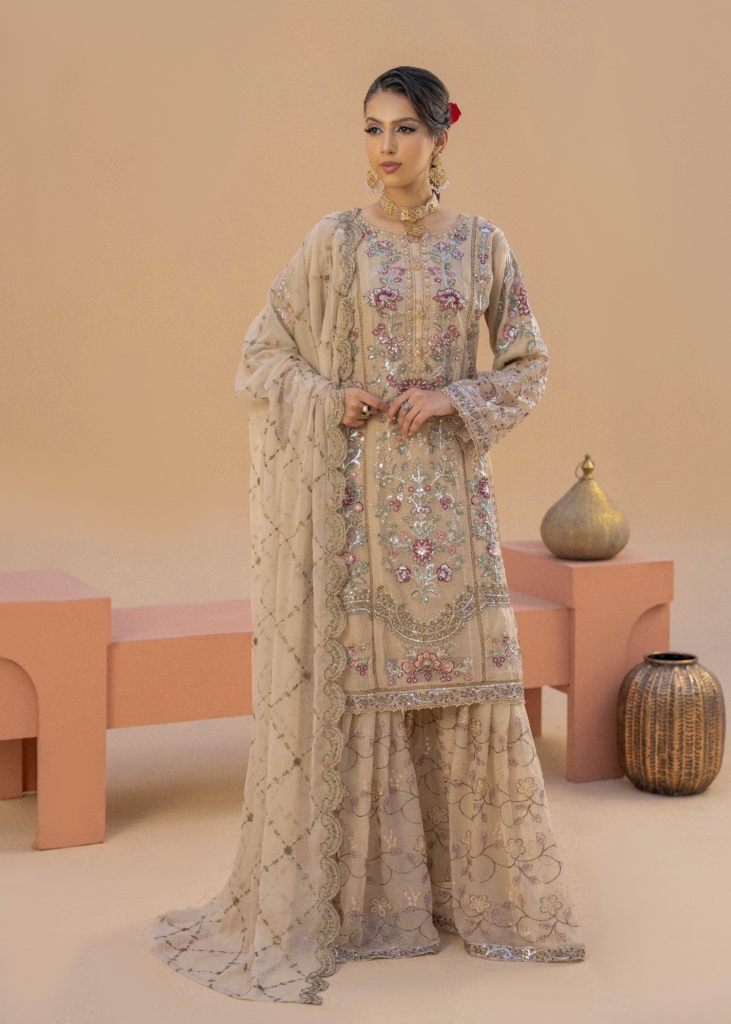 chiffon Gharara in Beige