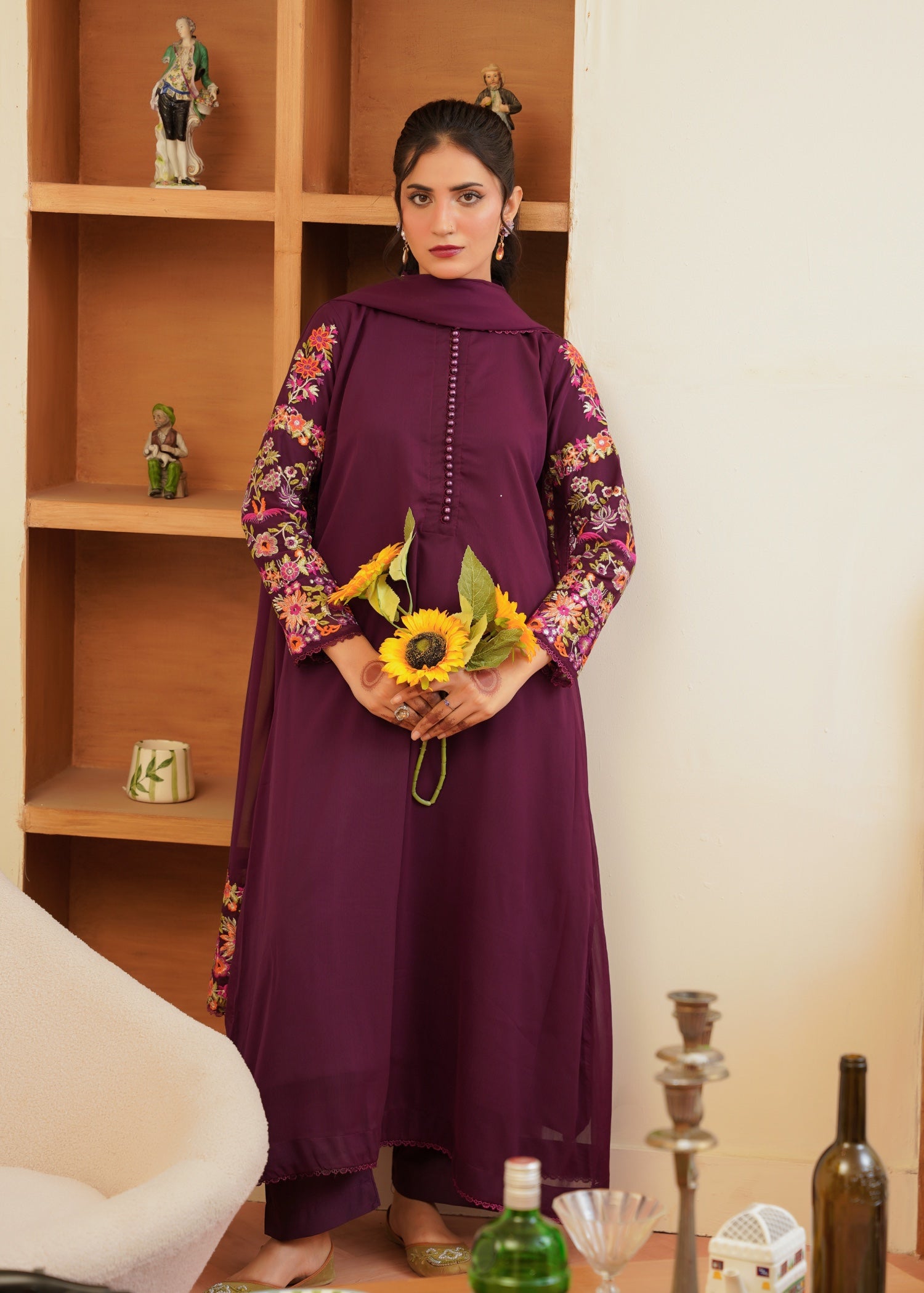 chiffon Pishwas in Plum