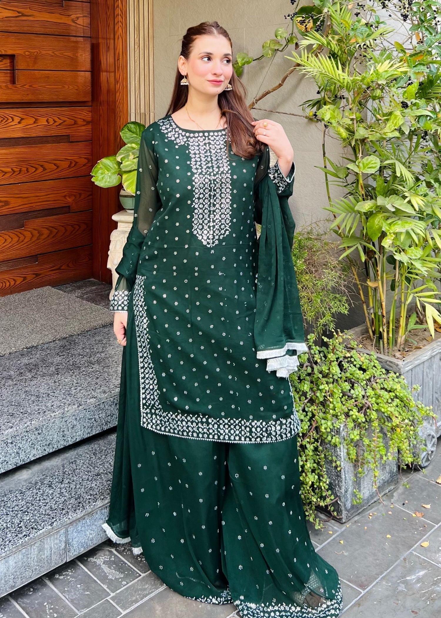 chiffon Sharara in Bottle green