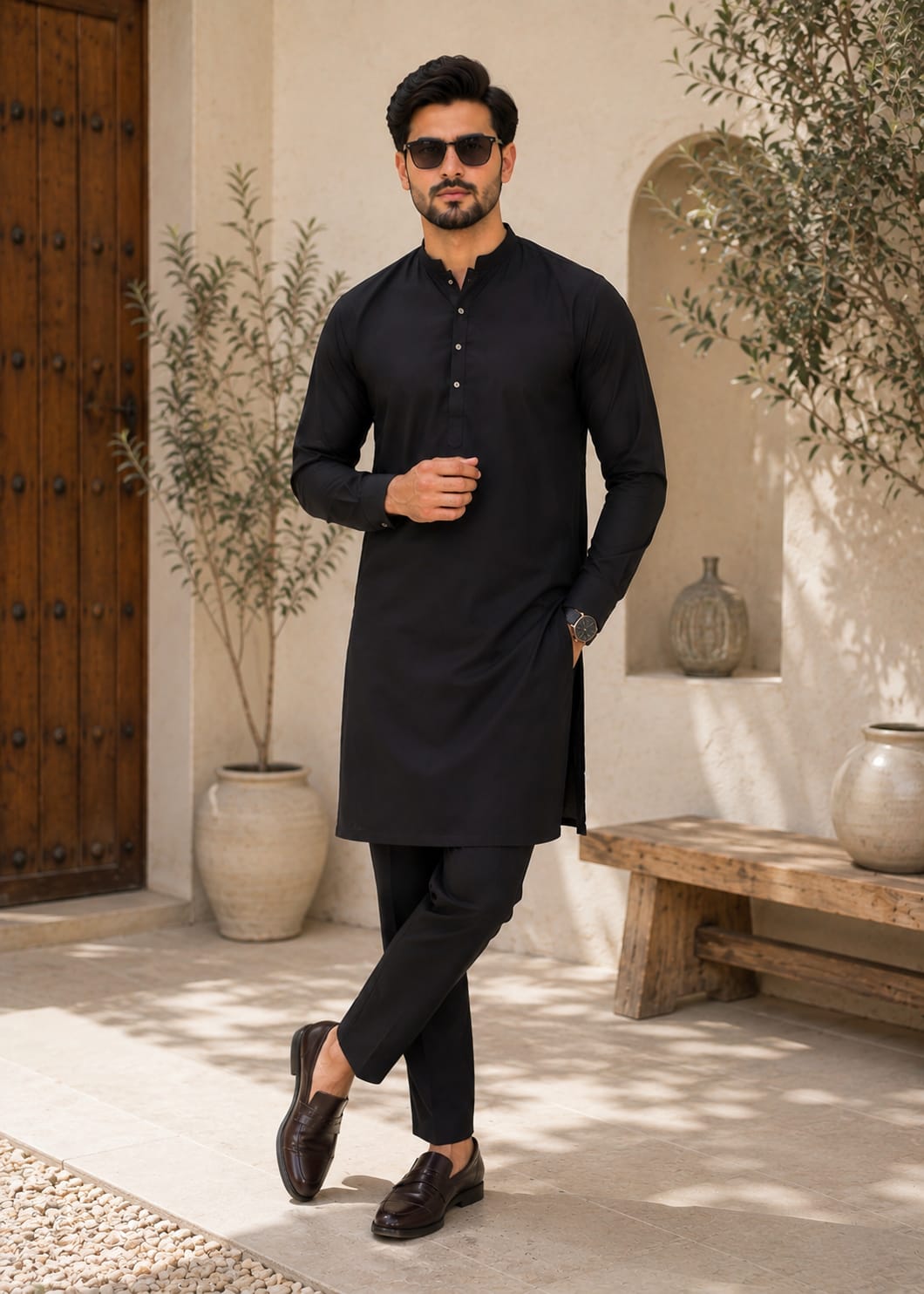 wash & wear Kurta Set in Black by Hassan Jee Men