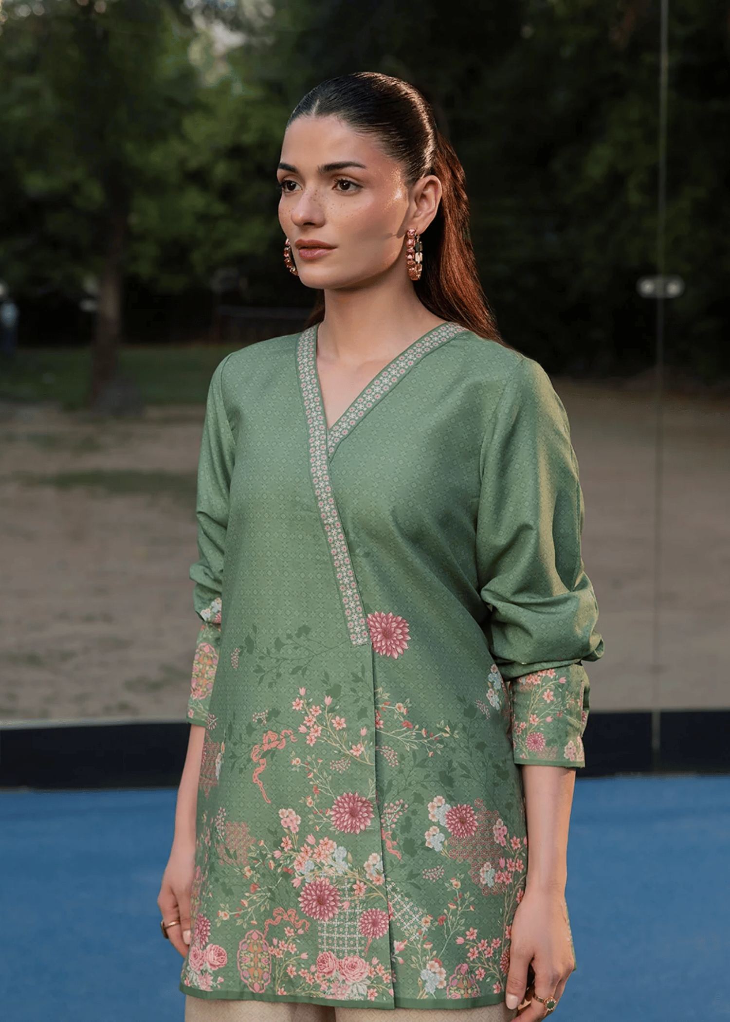arabic lawn Kurta Set in Champagne, moss green
