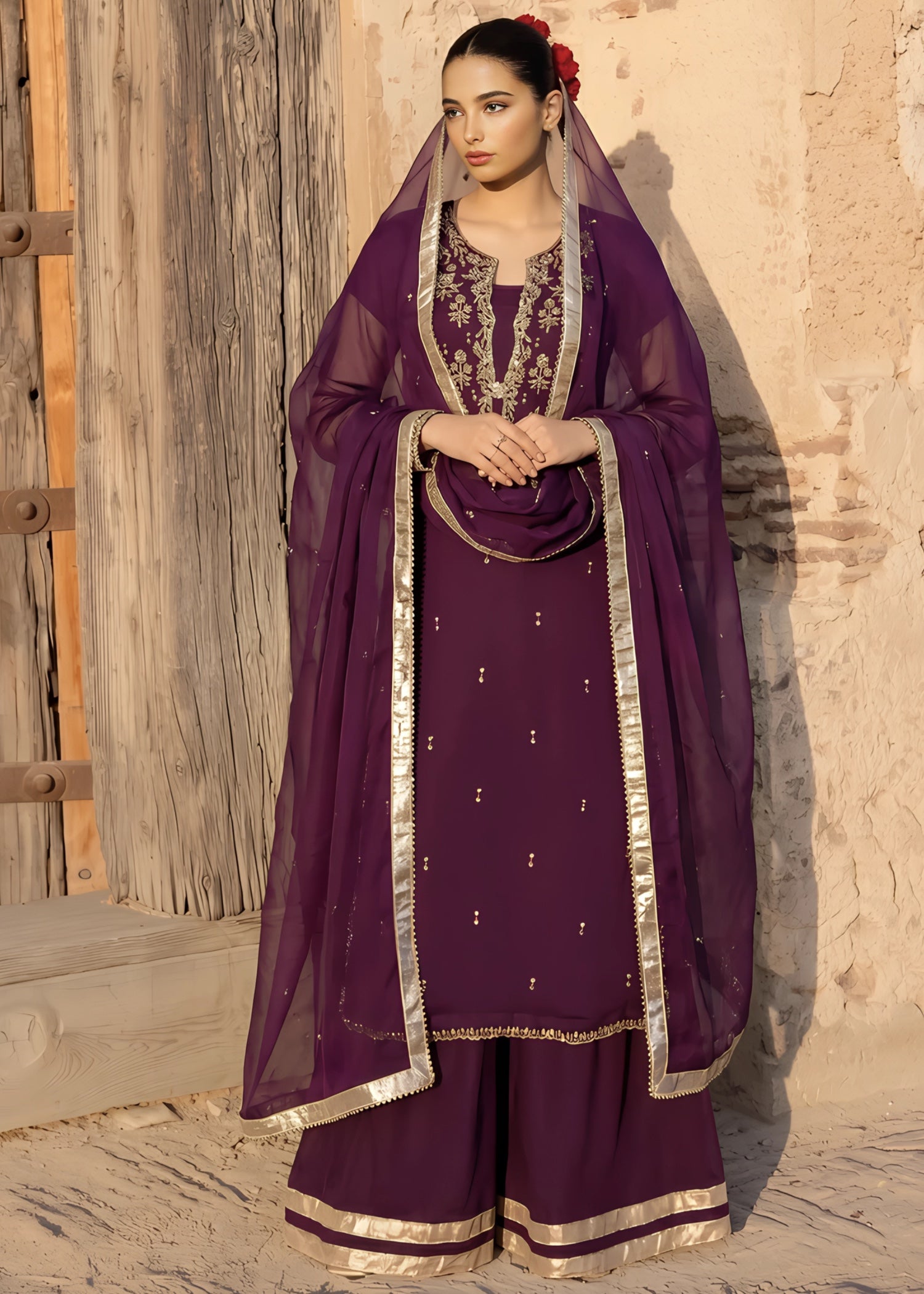 chiffon Kurta Set in Plum purple