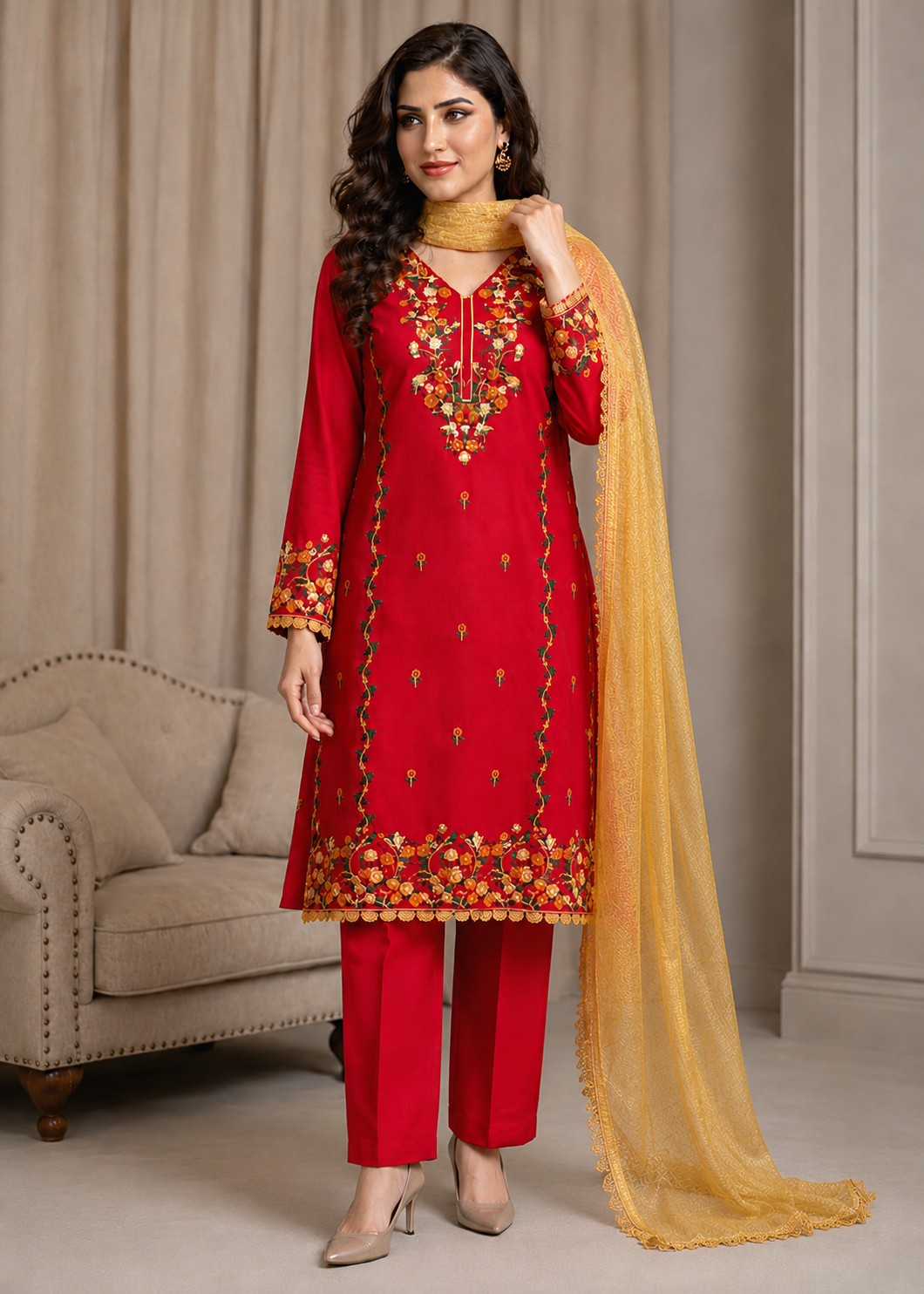 lawn cotton Unstitched in Tomato red