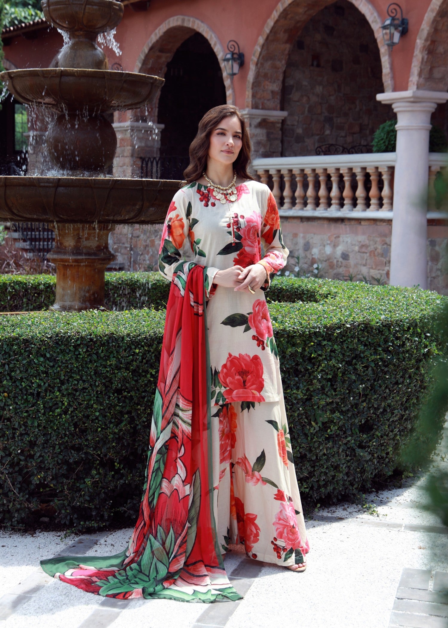 lawn Sharara in Red, white