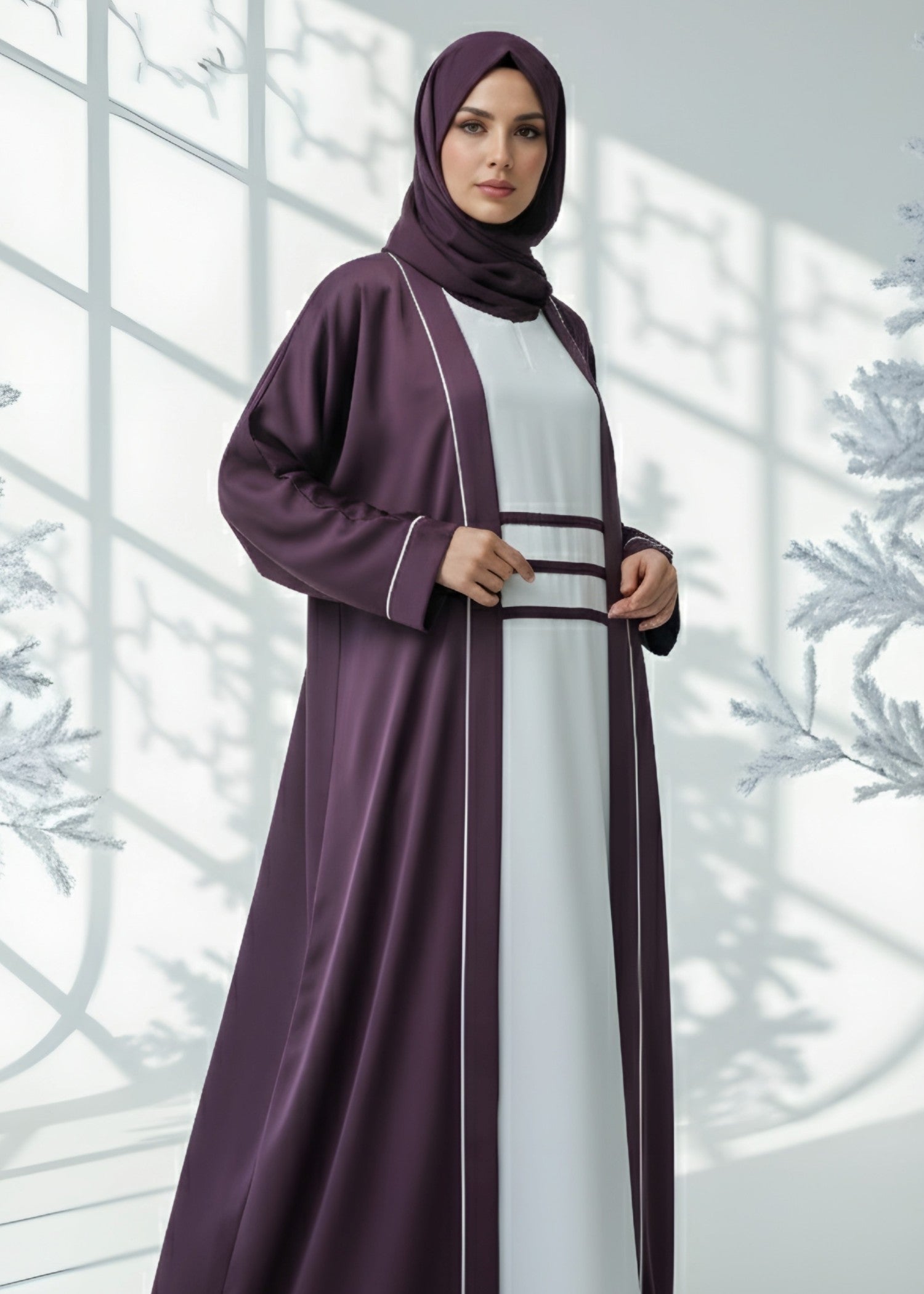 nidha blend Abaya in White, plum