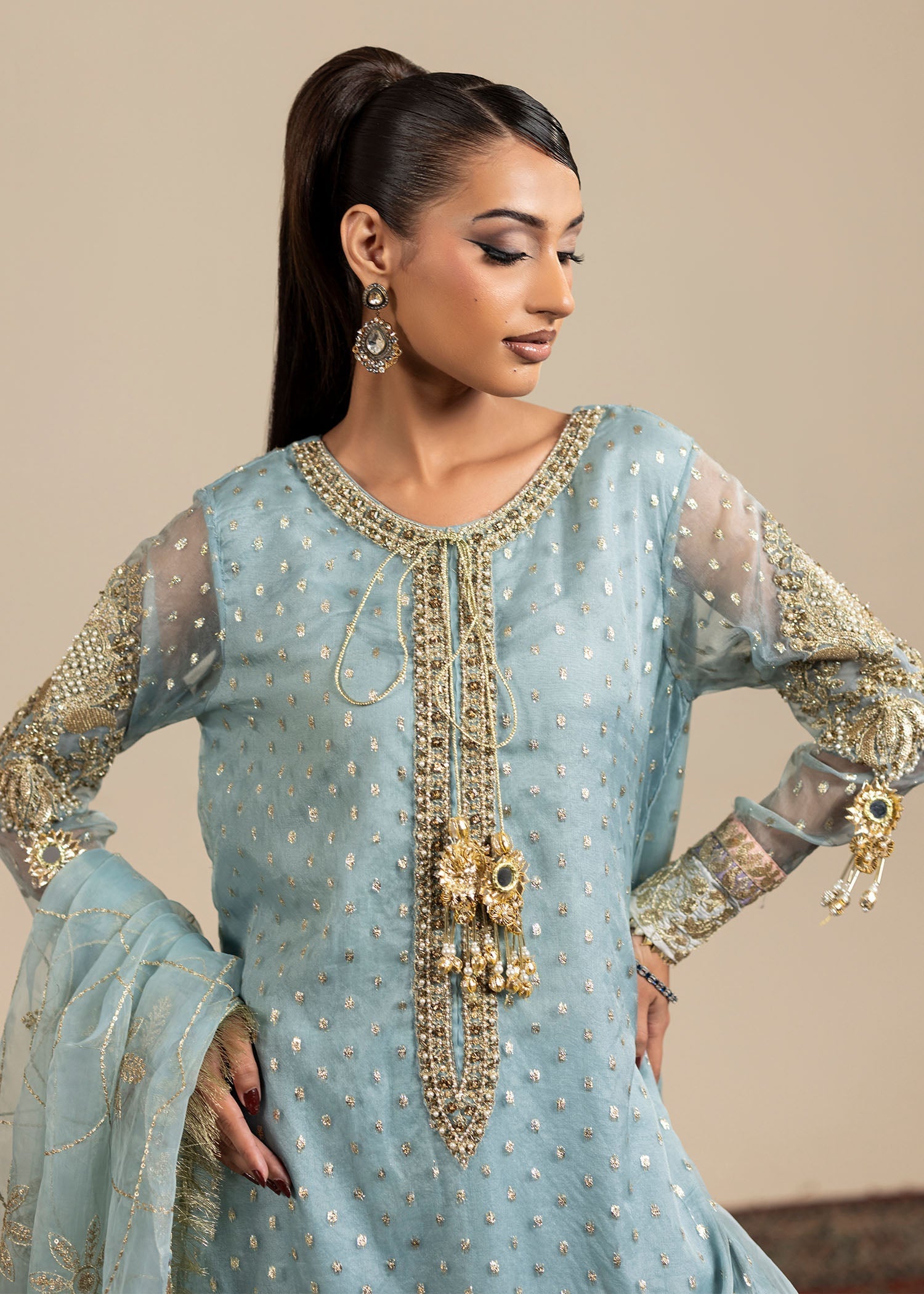 organza Gharara in Ice blue