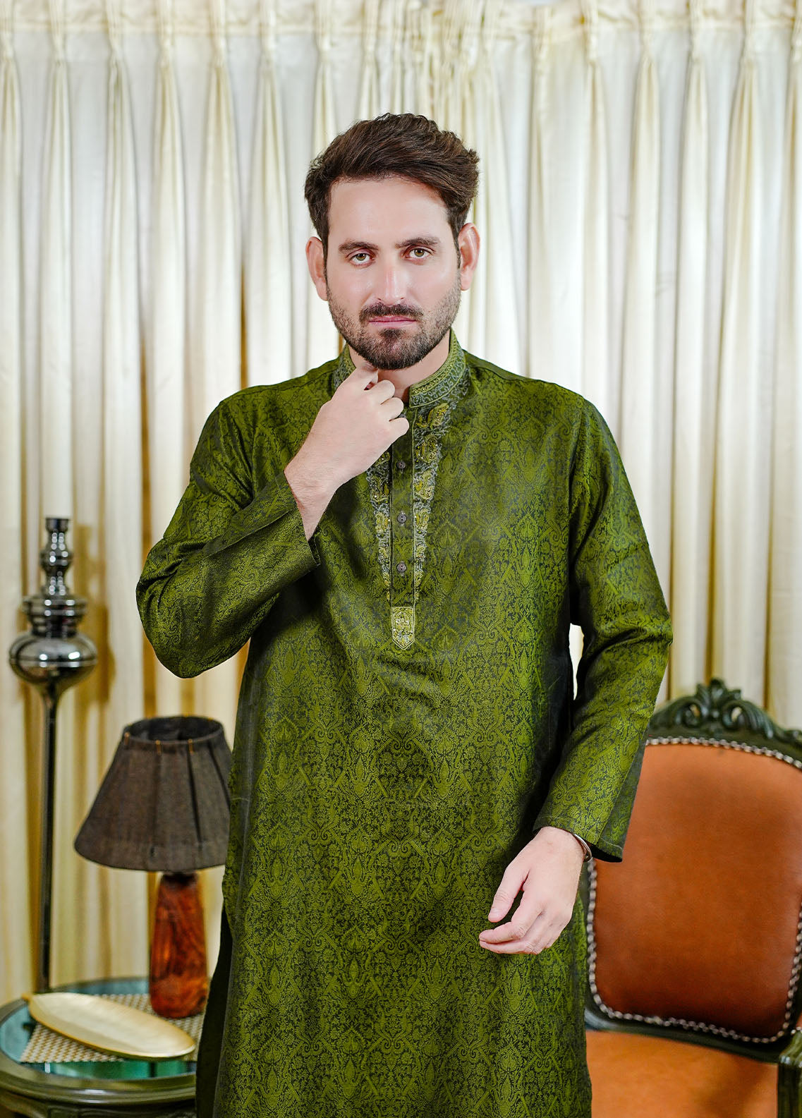 traditional jamawar Kurta in Green
