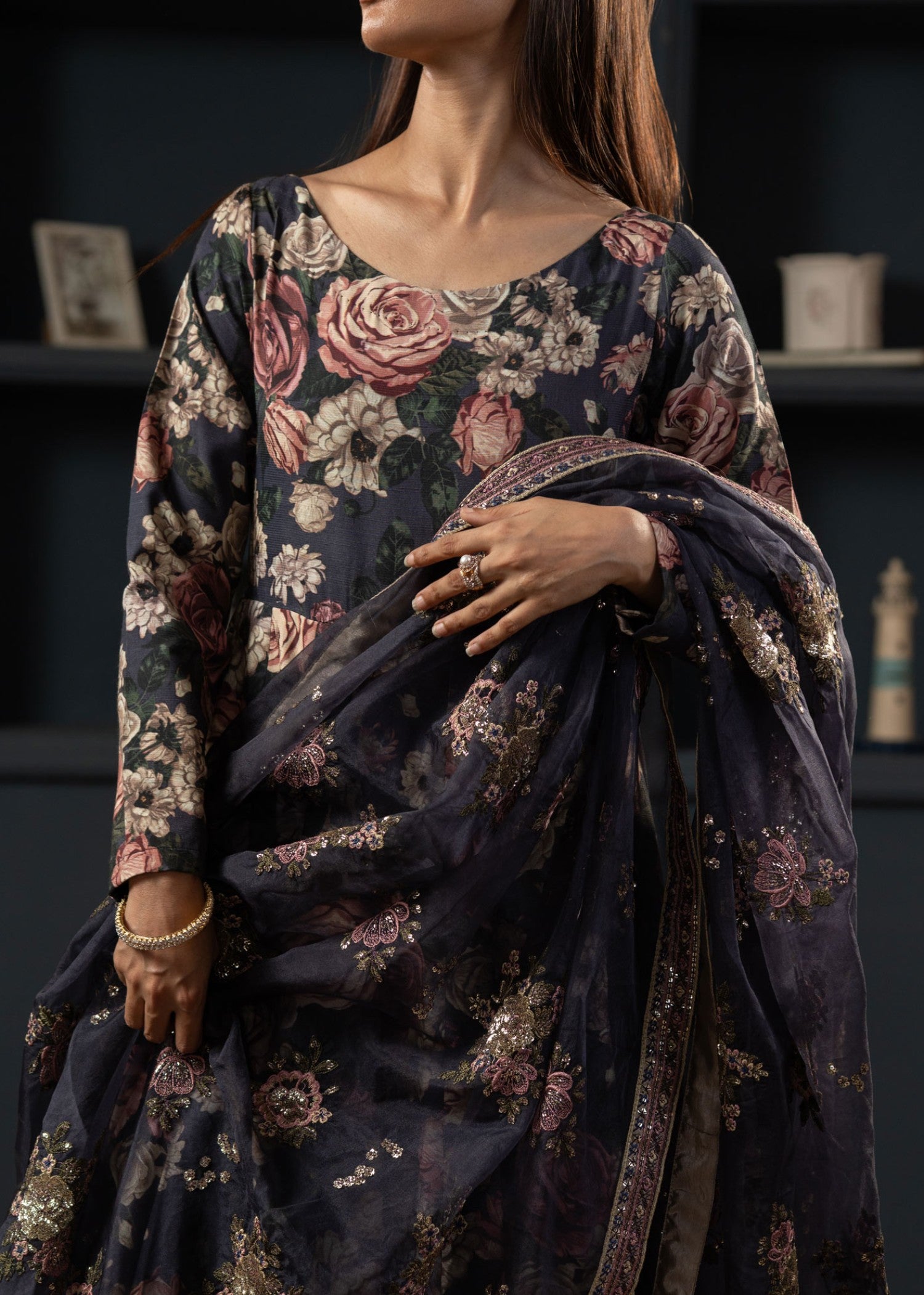 raw silk Pishwas in Midnight