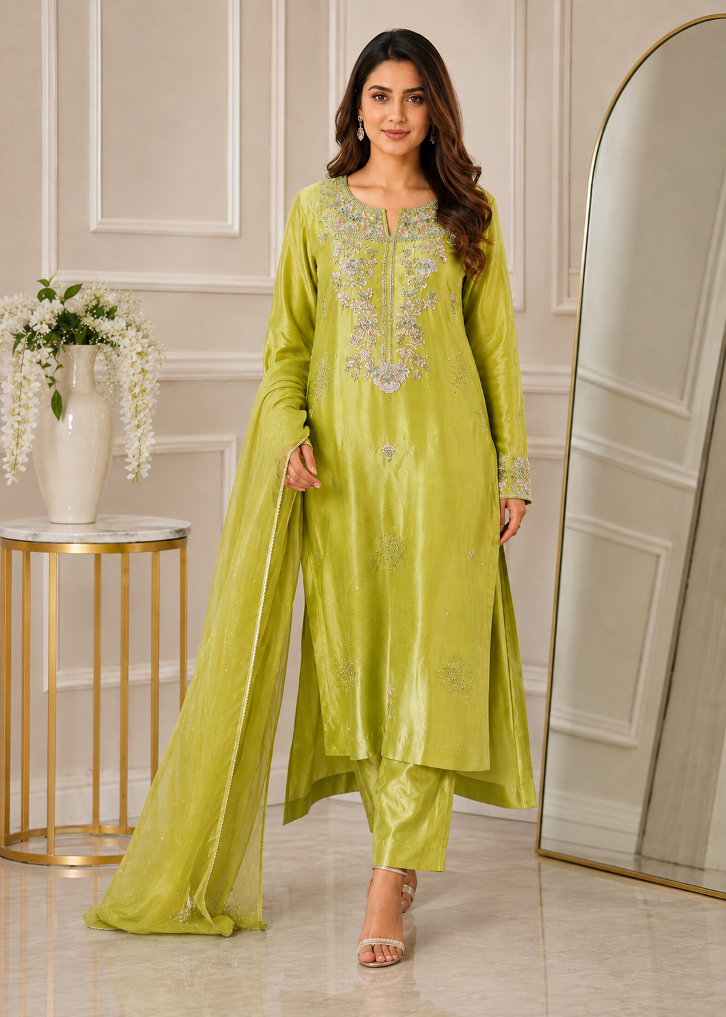 pure silk Kurta Set in Pistachio green