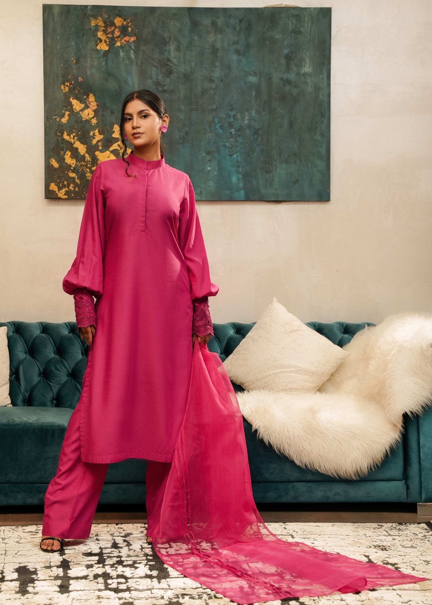 korean raw silk Kurta Set in Deep pink