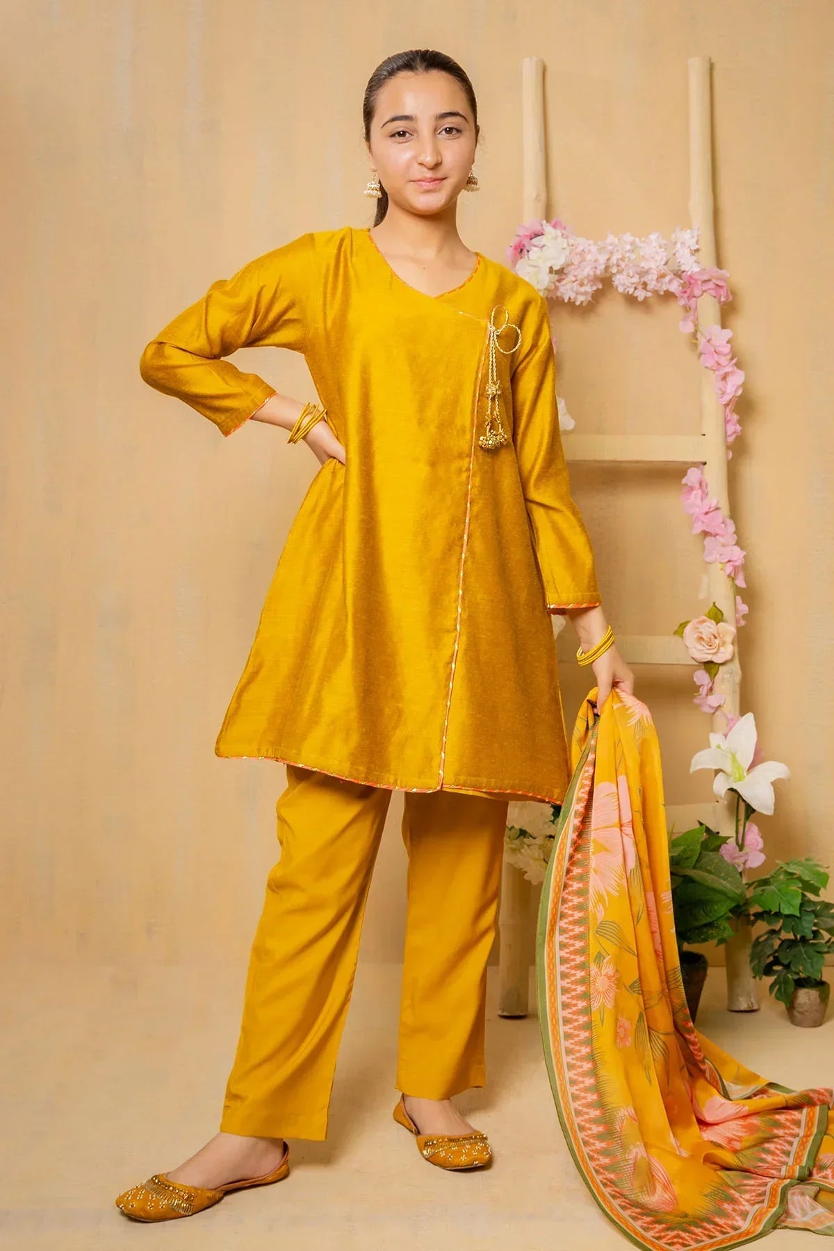 cotton silk Angrakha in Mustard