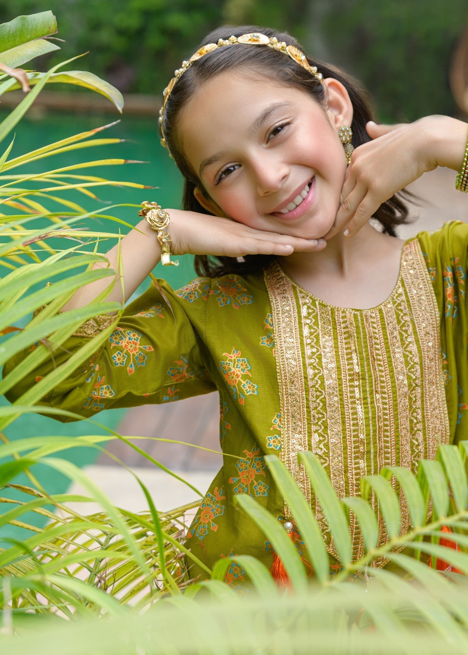 lawn Gharara in Olive green