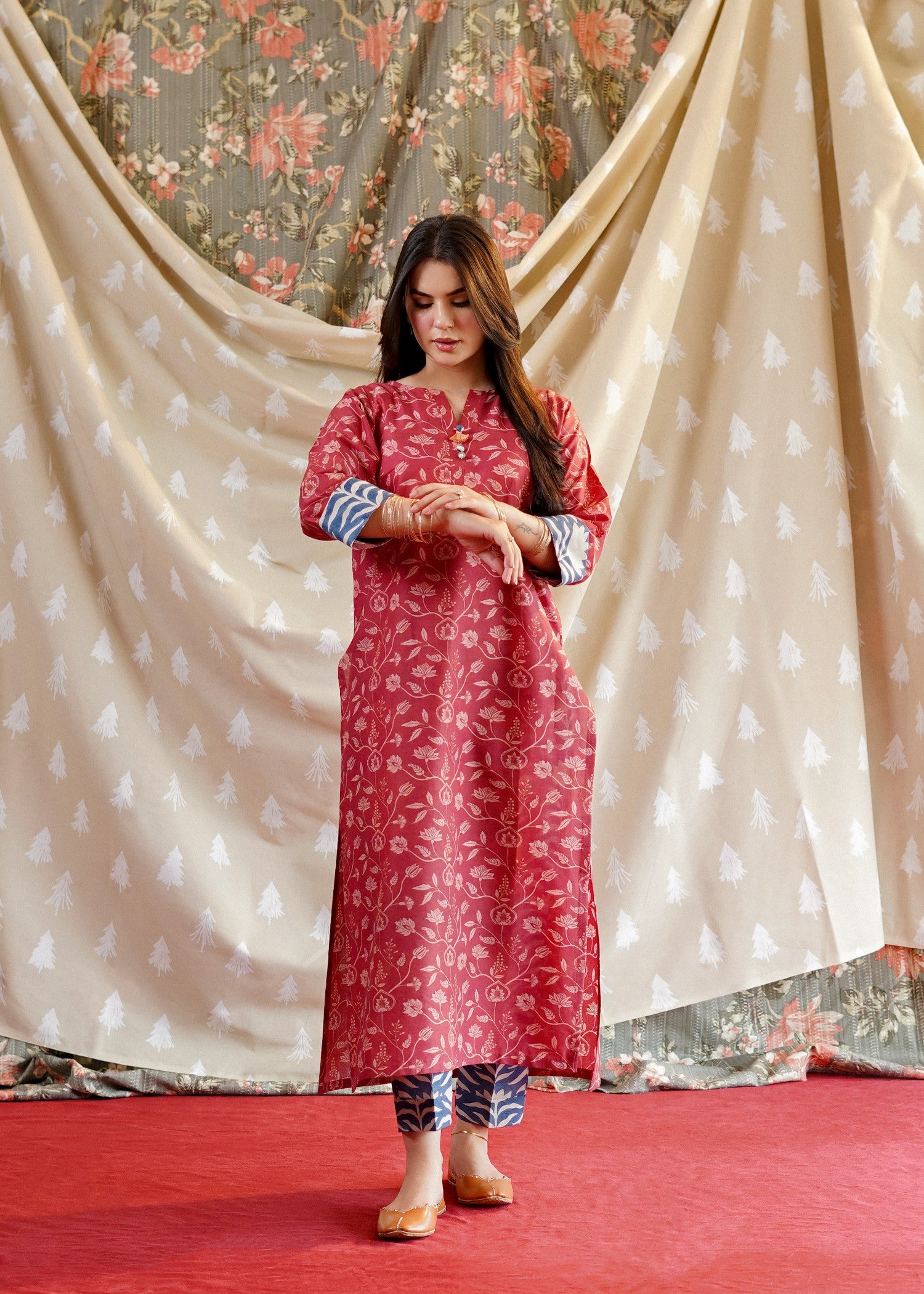 lawn Kurta Set in Brick red