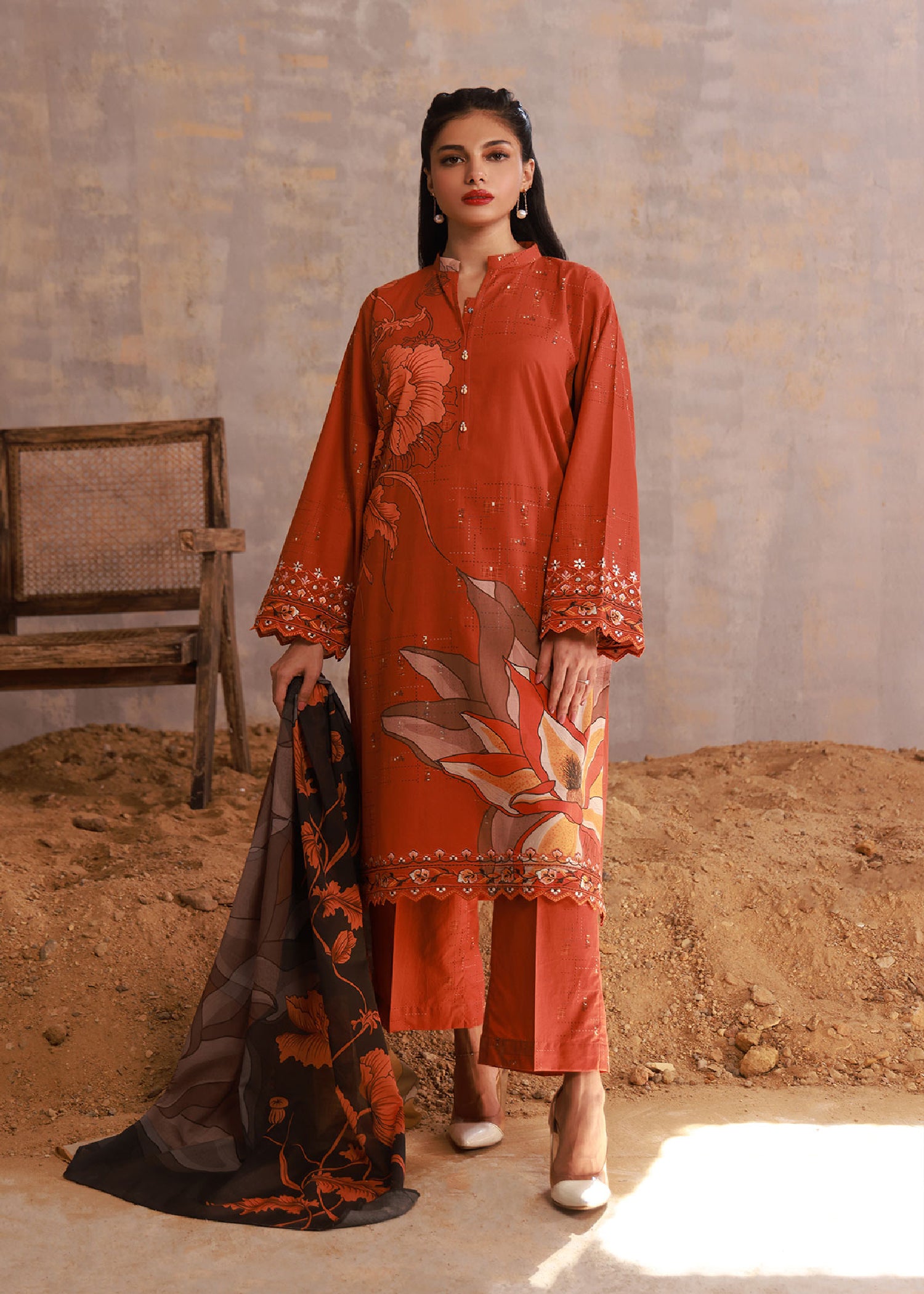 cambric Kurta Set in Rust orange