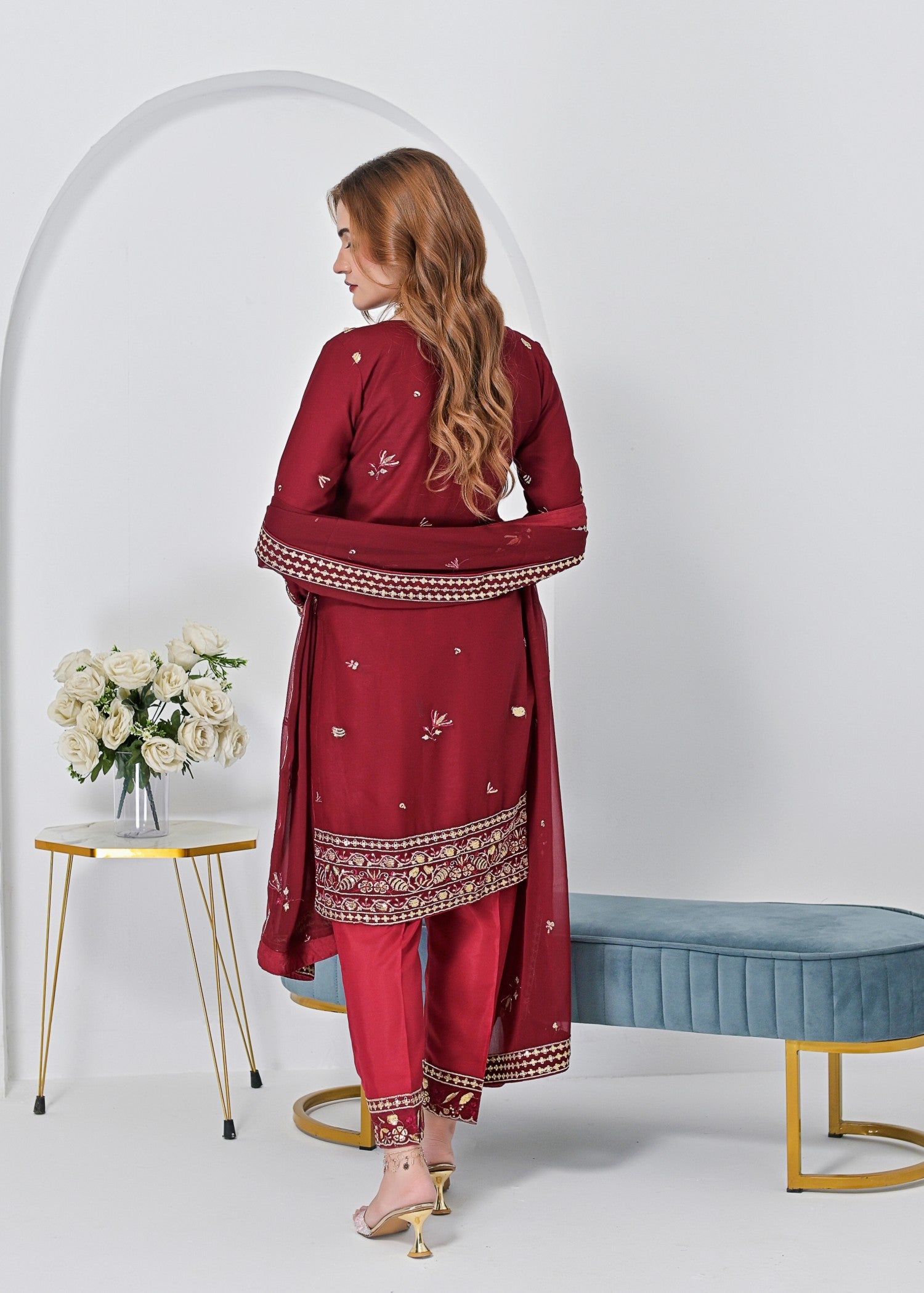 crinkle chiffon Kurta Set in Maroon