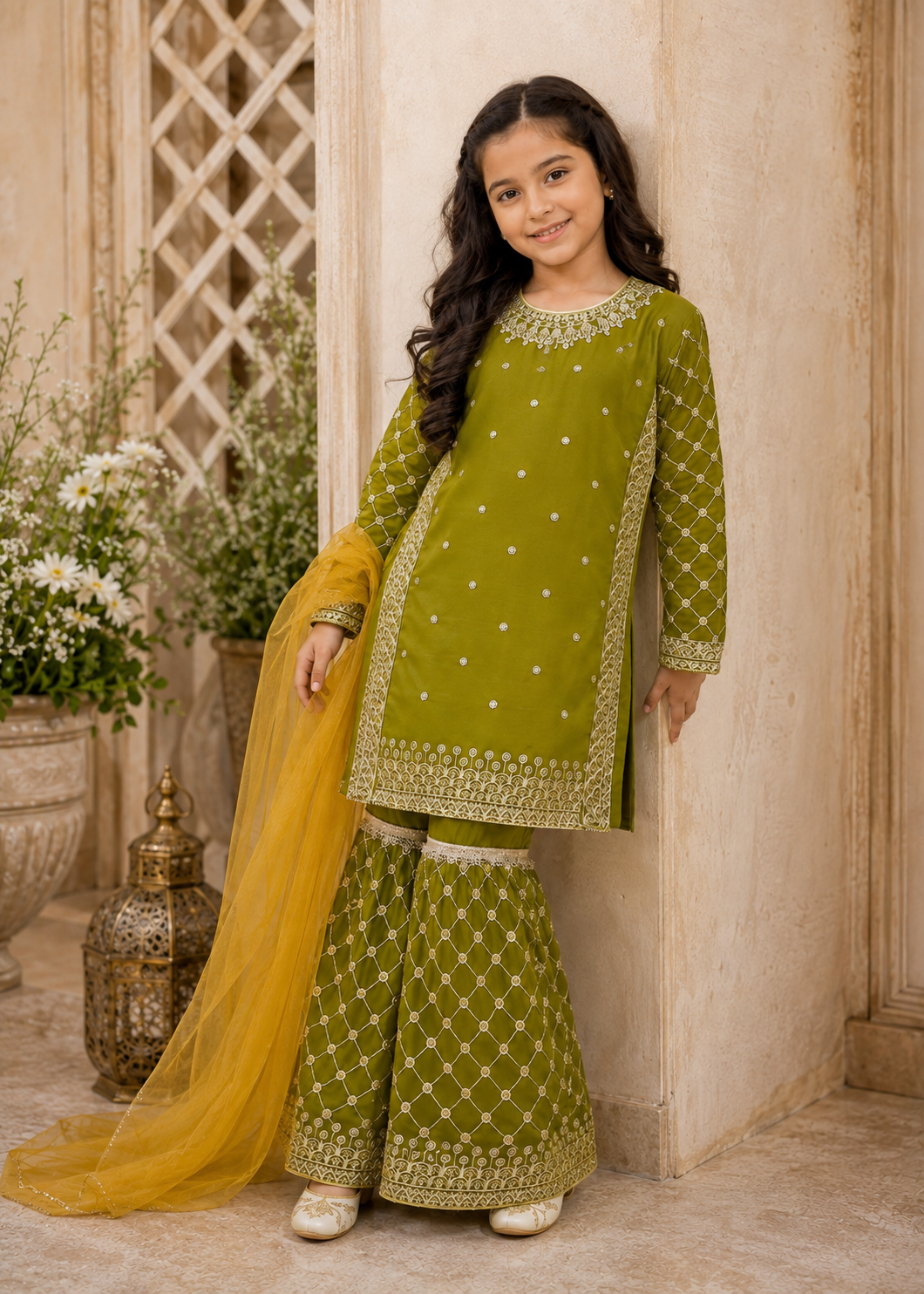 chiffon Gharara in Olive green