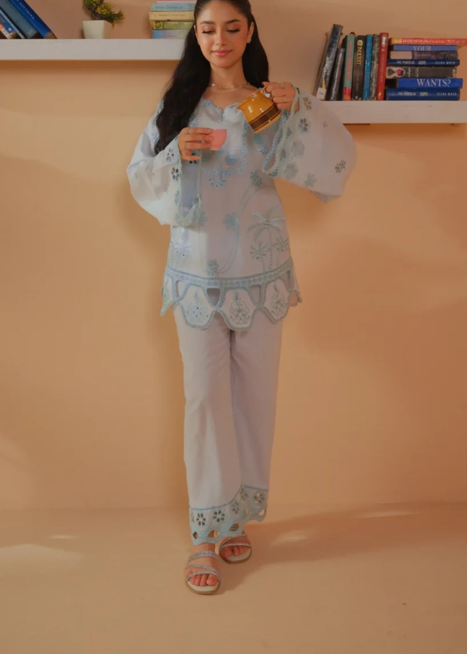 cambric Kurta Set in Ice blue