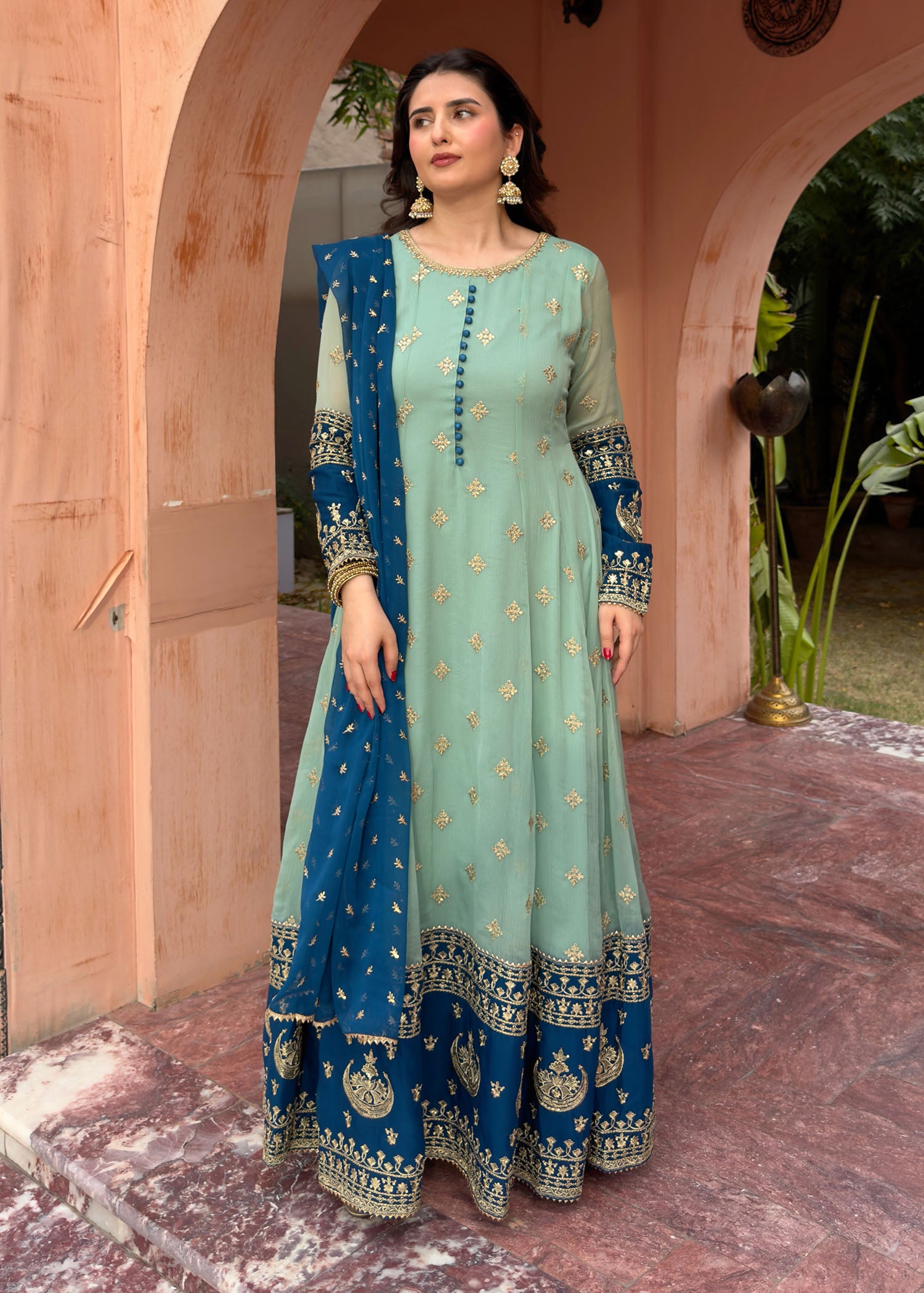 chiffon Anarkali in Aquamarine