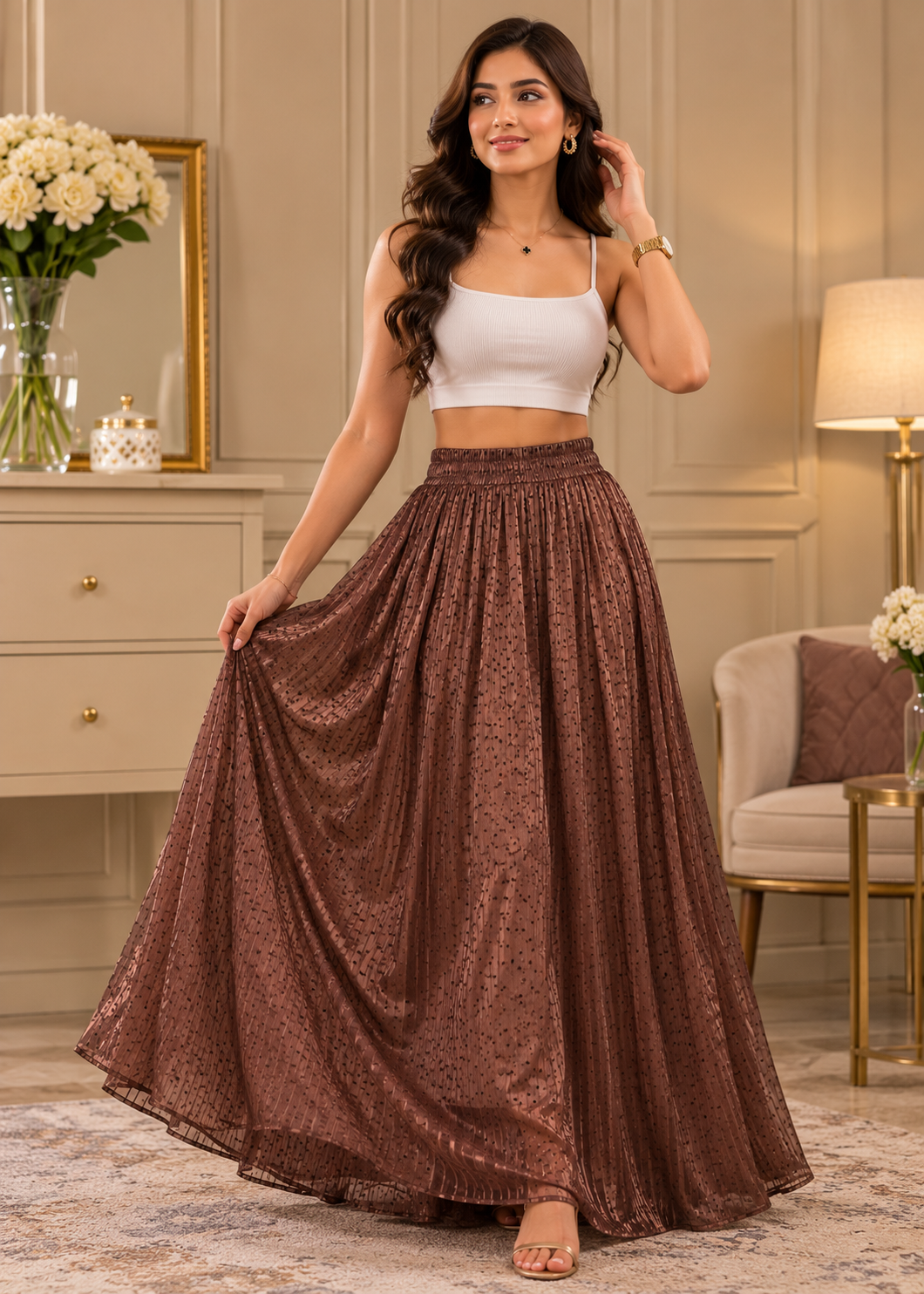 polyester chiffon Skirt in Dark brown
