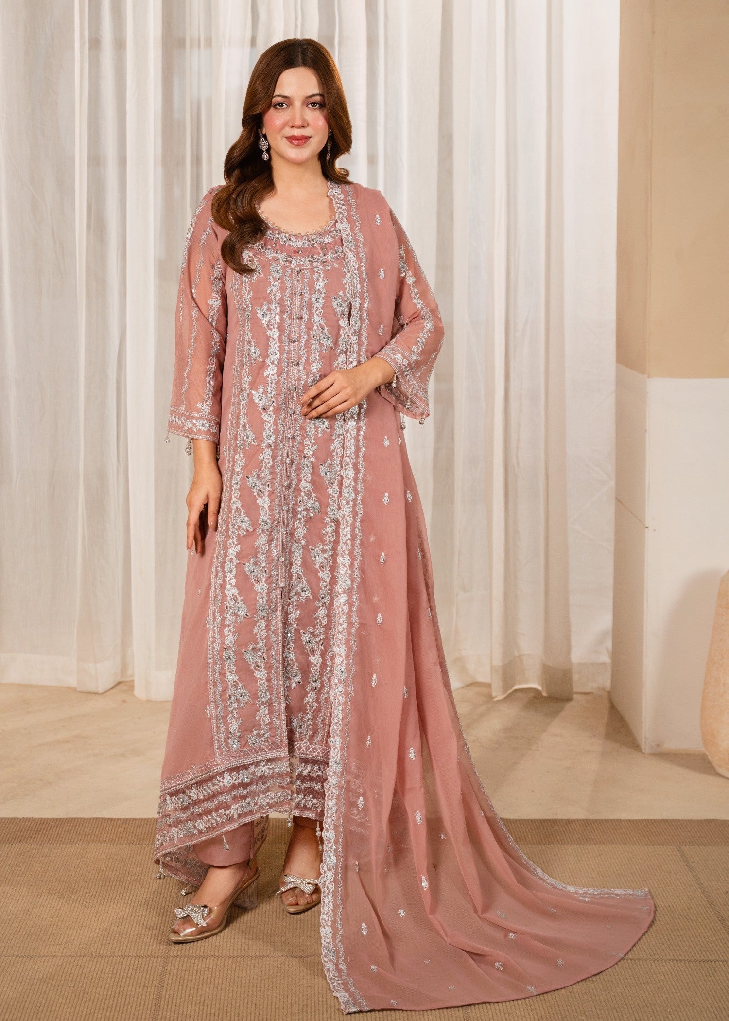 chiffon Pishwas in Mauve pink