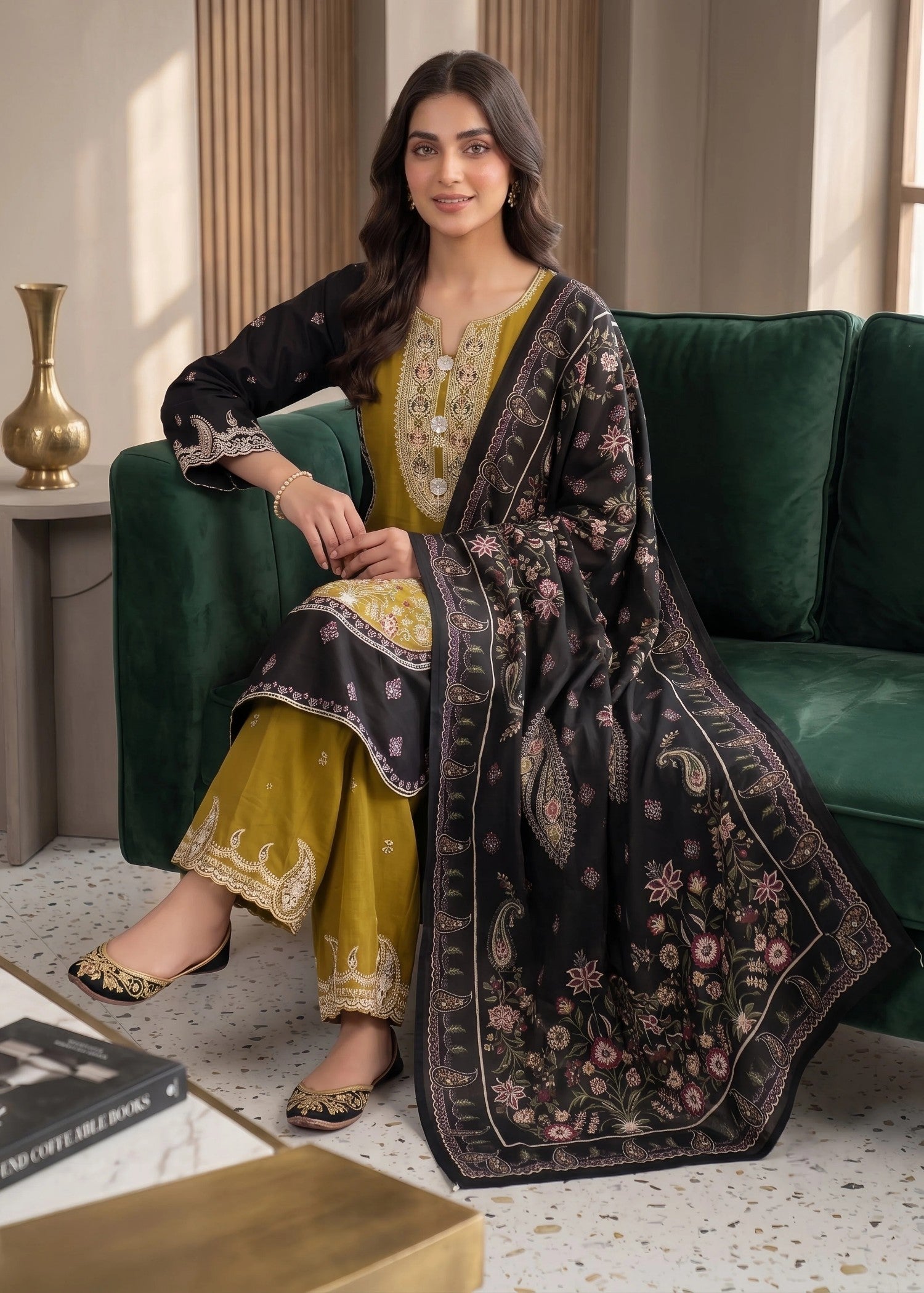cotton linen Kurta Set in Black, goldenrod