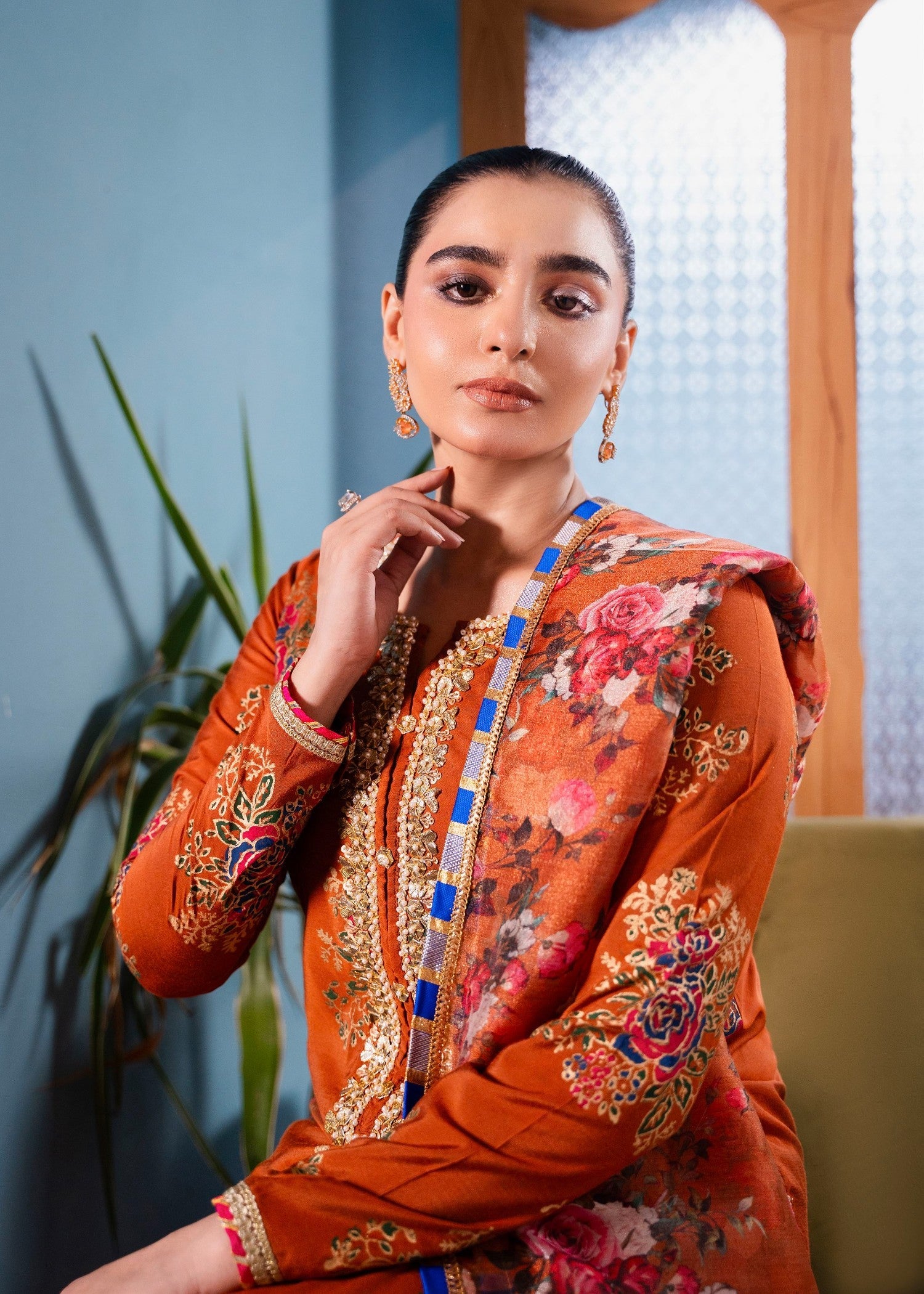 khaddi silk Kurta Set in Orange