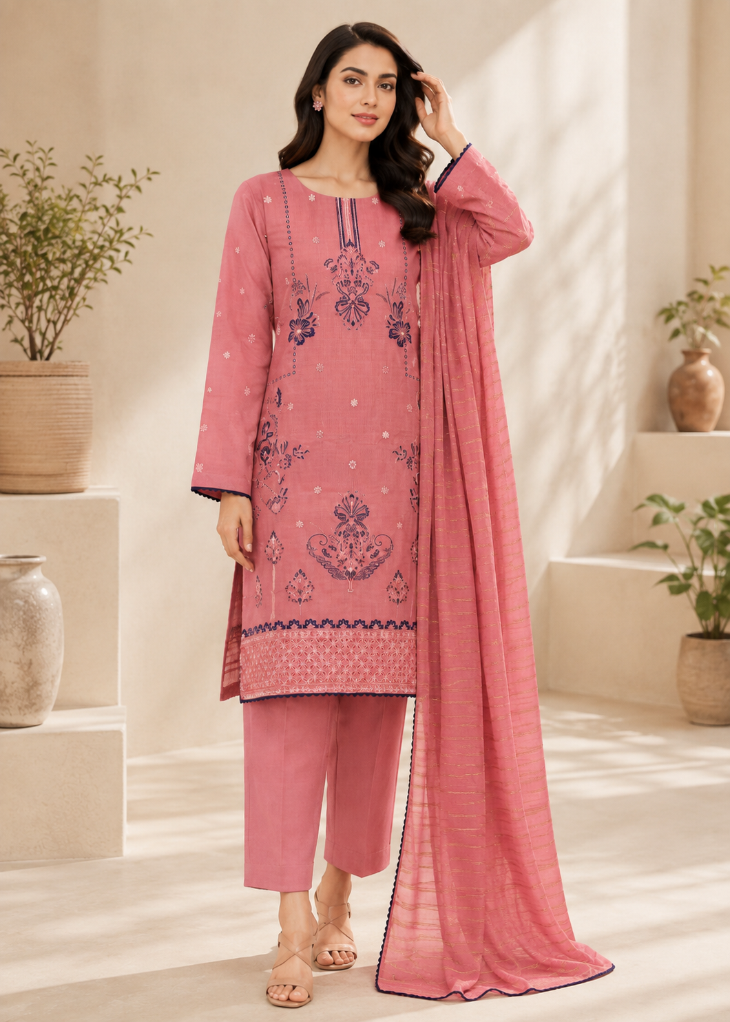 cotton Kurta Set in Coral pink
