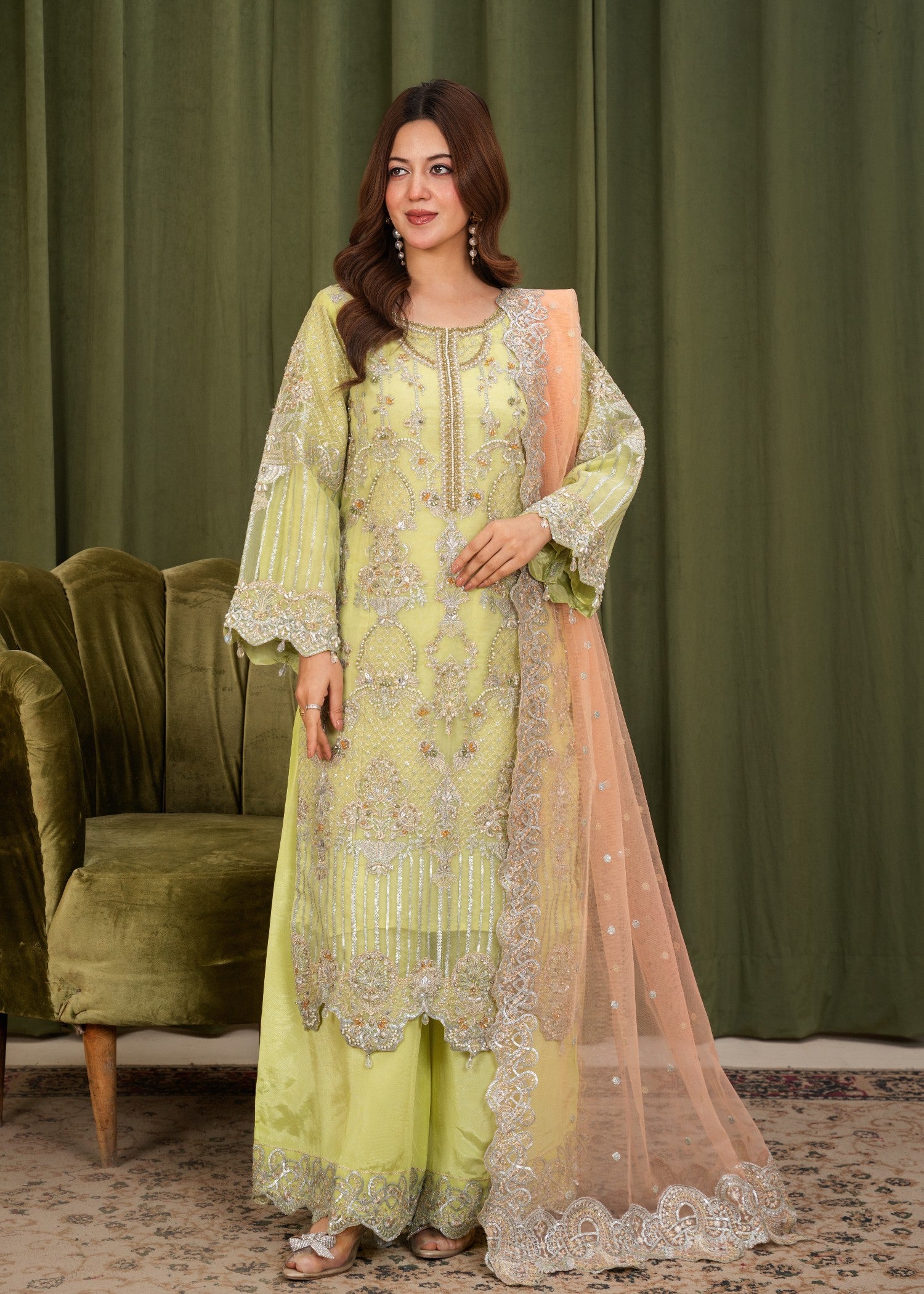 crystal organza Kurta Set in Pear