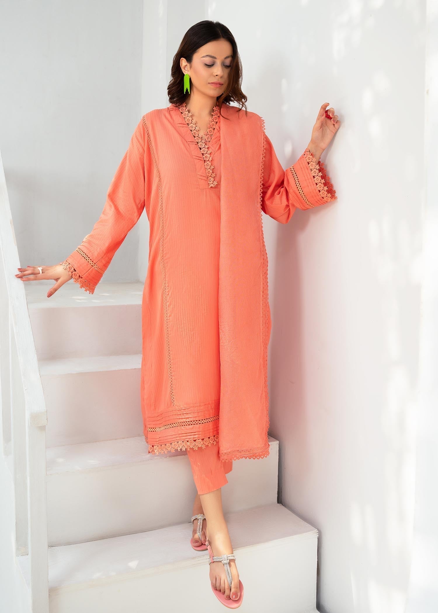 slub cambric Kurta Set in Coral orange
