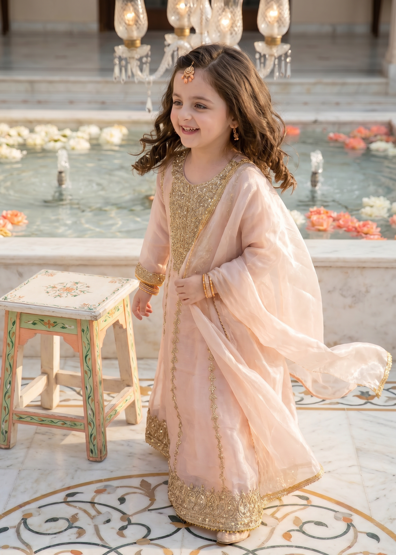 tissue silk Pishwas in Tea rose pink